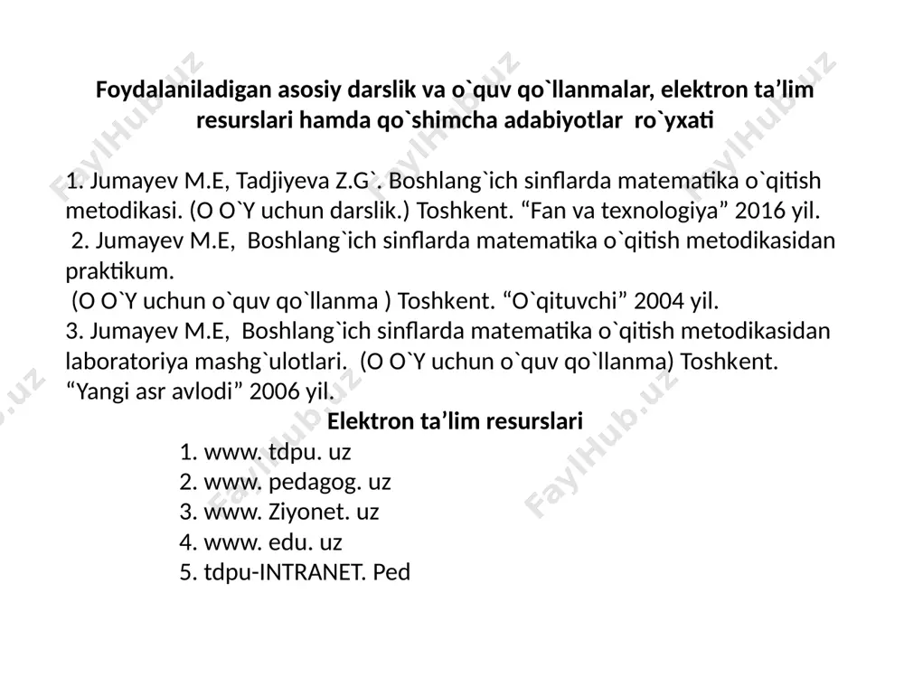 i o 'rganish ikkinchi sinf o 'quvchilariga quyidagi imkoniyatlarni beradi turli geometrik shakllar bilan tanishish (burchak, to'g'ri to'rtburchak, aylana, doira), mos atamalarni bilish va qo'llay olish, bu shakllarni bilish, ularning ba'zi xossalari bilan tanishish; turli ko'pburchaklarning perimetrlarini topishni o'rganish; to'g'ri to'rtburchakning yuzini topishni o'rganish; majburiy tayyorgarhk darajasi quyidagi talablar asosida aniqlanadi: o'quv yili oxiriga kehb ikkinchi sinf o'quvchilari quyidagi tasavvurlarga ega bo'lishlari kerak: shaklning perimetri va yuzi haqida; bilishlari kerak: atamalarni: to'g'ri burchak, to'g'ri to'rtburchak, aylana, aylana markazi, to'g'ri to'rtburchakning perimetri va yuzi; belgilashlarni: mm (millimetr), kv. sm (kvadrat santimetr), kv. dm (kvadrat detsimetr); uddalay bilishlari kerak: — sirkuldan foydalanib aylana va doira chizishni; — ko'pburchakning perimetrini va to'g'ri to'rtburchakning yuzini topishni; ko'nikmalarga ega bo'lishlari kerak: obyektlarni uzunliklari bo'yicha taqqoslash va o'lchash; kattalar ko'rsatmasi bo'yicha buyumlarni to'g'ri joylashtirish. mavzuni o 'rganish uchinchi sinf o 'quvchilariga quyidagi imkoniyatlarni beradi geometrik shakllarni atrof-borliq buyumlarining obrazi sifatida tasavvur etish; yuz o'lchovi birligi kvadrat …