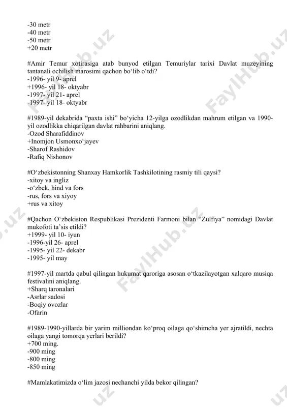 ton respublikasi prezidenti farmoni bilan “zulfiya” nomidagi davlat mukofoti ta’sis etildi? +1999- yil 10- iyun -1996-yil 26- aprel -1995- yil 22- dekabr -1995- yil may #1997-yil martda qabul qilingan hukumat qaroriga asosan o‘tkazilayotgan xalqaro musiqa festivalini aniqlang. +sharq taronalari -asrlar sadosi -boqiy ovozlar -ofarin #1989-1990-yillarda bir yarim milliondan ko‘proq oilaga qo‘shimcha yer ajratildi, nechta oilaga yangi tomorqa yerlari berildi? +700 ming. -900 ming -800 ming -850 ming #mamlakatimizda o‘lim jazosi nechanchi yilda bekor qilingan? -2008 yil 1 dekabr -2003 yil 1 dekabr +2008 yil 1 yanvar -1998 yil 1 yanvar #2016-yil 4-dekabr kuni o‘zbekiston respublikasi prezidenti lavozimiga bo‘lib o‘tgan saylovda sh.m.mirziyoyev qaysi partiyadan o‘z nomzodini qo‘ygan? +o‘zbekiston liberal-demokratik partiyasi (lidep) -o‘zbekiston xalq demokratik partiyasi -milliy tiklanish demokratik partiyasi -adolat sotsial-demokratik partiyasi (asdp) #“meni doimo o‘ylantiradigan, tashvishga soladigan yana bir dolzarb masala-bu yoshlarimizning odob-ahloqi, yurish-turishi, madaniy saviyasi, bir so‘z bilan aytganda, tarbiyasi bilan bog‘liq”. ushbu so‘zlar muallifini toping? +sh.mirziyoyev -i.karimov -a.avloniy …