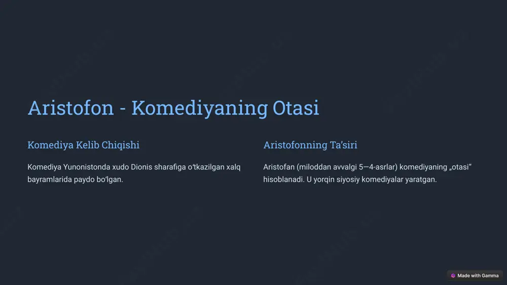 gili holatlar komediyasi qahramonlar kulgili holatlarga tushgan (hamza, „maysaraning ishi“). xarakter komediyasi kishilar harakteridagi bemaʼni xususiyatlar kulgili qilib koʻrsatilgan (molyer, „tartyuf“; a.qaxlor, „ayajonlarim“; e.vohidov, „oltin devor“). 6 kulgining tavsifiga koʻra komediya turlari satirik komediya voqelik, shaxslar satira qamchisi ostida gʻazab-nafrat uygʻotadigan, zaharxandali qilib ifodalangan — n.gogol, „revizor“, a.qahhor, „tobutdan tovush“). yumoristik komediya voqelik, shaxslarning ayrim jihatlari beozor kulgi tugʻdiradigan komediya — gotssi, „malikai turandot“, said ahmad, „kelinlar qoʻzgʻoloni“, hamid gʻulom, „toshbolta oshiq“). tragikomediya tragik va komik holatlar mujassamlashgan — r.muhammadjonov, „suyunchi“ filmi). 7 qadimgi attika komediyasi o‘tkir siyosiy jo‘shqinlik o‘tkir siyosiy jo‘shqinlik, demokratiya dushmanlariga qarshi murosasizlik — “qadimgi attika komediyasi”ning asosiy xususiyatidir. aristofonning ta’siri aristofanning asarlari o‘zmi-ko‘p miqdorda bizga qadar yetib kelgan. uning ijodida komediya mazmun jihatdan benihoyat kengaydi, shakl jihatdan yuksaklikka ko‘tarildi. 8 aristofonning shaxsiy hayoti 1 tugʻilishi eramizdan oldingi 445 yilda egina orolida tugʻilgan. 2 adabiy faoliyati 20 yoshida komediyanavislar musobaqasida qatnashib ikkinchi o‘rinni egallaydi. 3 asarlari qirq …
