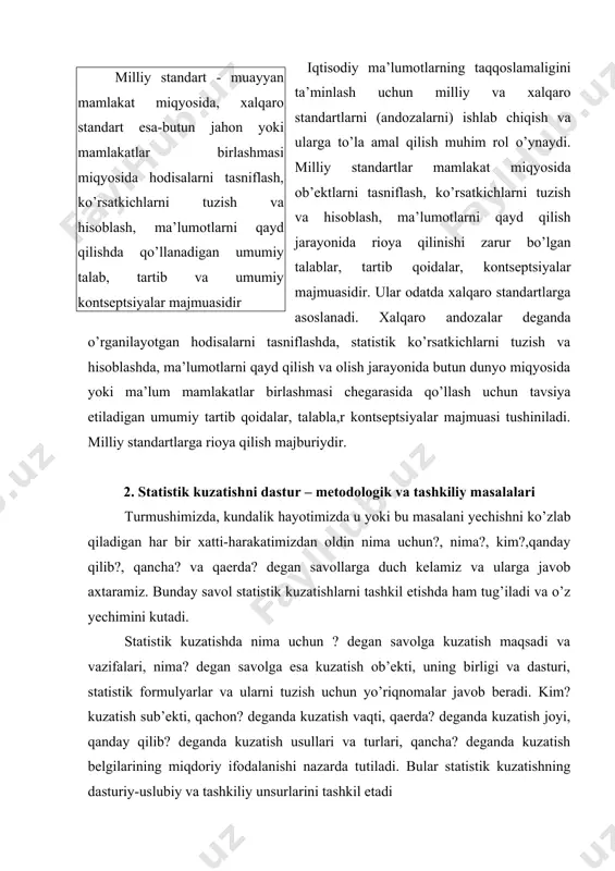 atish vaqti, qaerda? deganda kuzatish joyi, qanday qilib? deganda kuzatish usullari va turlari, qancha? deganda kuzatish belgilarining miqdoriy ifodalanishi nazarda tutiladi. bular statistik kuzatishning dasturiy-uslubiy va tashkiliy unsurlarini tashkil etadi kuzatish ob’ekti - bu o’rganilayotgan hodisalar va jarayonlar, ya’ni korxonalar va tashkilotlar, xo’jaliklar, kishilar, oilalar, uy xo’jaliklari, va hokazolarni ularning faoliyati jihatidan qaralgan to’plami. ularning muhim belgilari haqida ma’lumotlar to’planadi va ular asosida to’plamni ta’riflaydigan umumlashtiruvchi ko’rsatkichlar hisoblanadi. kuzatish ob’ektining aniq miqyosini, ko’lamini belgilayotganda vaqt, fazo, moddiy tuzilish va o’lchov birligi jihatidan uning o’lchamlarini aniqlashimiz lozim. kuzatish sub’ekti - bu o’rganilayotgan hodi-salar haqidagi ma’lu-motlarni qayd qiluvchi va to’plovchi yuridik yoki jismoniy shaxs kuzatish ob’ekti bilan bir qatorda uning sub’ekti mavjud. kuzatish sub’ekti deb o’rganilayotgan hodisalar haqidagi ma’lumotlarni qayd qiladigan va to’playdigan yuridik yoki jismoniy shaxslar yuritiladi. mikroiqtisodiy statistikada, masalan, kuzatish sub’ekti - bu har bir korxona, tashkilot va muassasa. xo’jalik yurituvchi sub’ekt sifatida ular o’z faoliyatlaridagi hodisalarni qayd qiladi, ma’lumotlar …