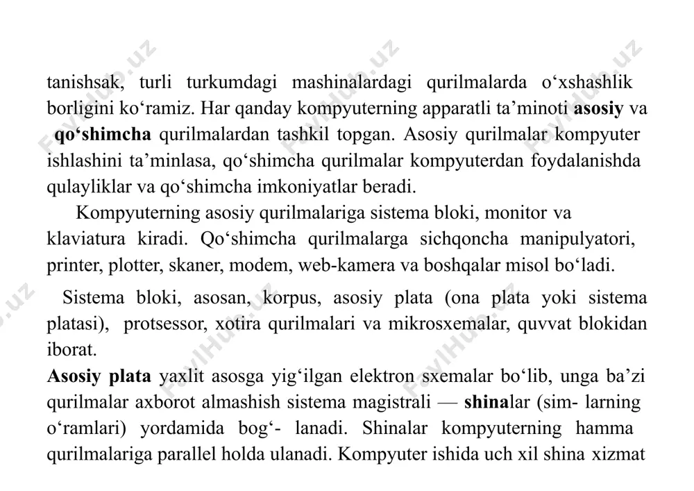 rmaniy) joylashgan millionlab mitti tran- zistorlardan tashkil topgan mikroprotsessor, ya’ni o‘ta zich integral sxema bajarmoqda. misol sifatida ko‘radigan bo‘lsak, intel pentium pro mikroprotsessori o‘z ichida 5,5 milliondan ortiq tranzistorlarni saqlaydi. protsessorning ish unumdorligi uning tezligi (taktli chastota) va razryadlar soni bilan belgilanadi. tezlik protsessorning 1 sekundda bajargan amallar miqdori bilan belgilanadi va gs (gers) bilan ifodalanadi. masalan, i8086 protsessori 10 mgs (sekundiga 10 million amal) tezlikka ega bo‘lsa, intel pentium iv protsessori uchun bu ko‘rsatkich 1700 mgs va undan yuqoridir. protsessorning razryadlari soni uning bir vaqtning o‘zida baravariga ishlashi mumkin bo‘lgan bitlar miqdori bilan aniqlanadi. hozirgi kunda 16, 32, 64, 128 razryadli protsessorlar keng qo‘llanilmoqda. protsessorning tezligini oshirish maqsadida hozirgi vaqtda kesh- xotira, turli matematik soprotsessorlar kabi vositalardan foyda- lanish yo‘lga qo‘yilgan. bugungi kun kelib protsessorlarning ko‘p yadroli turlari ishlatilmoqda. protsessor, asosan, quyidagi qismlardan iborat: arifmetik-mantiqiy qurilma; ma’lumotlar va adreslar shinasi; registrlar; buyruq jamlagichi; kesh, ya’ni kichik hajmli o‘ta tezkor …