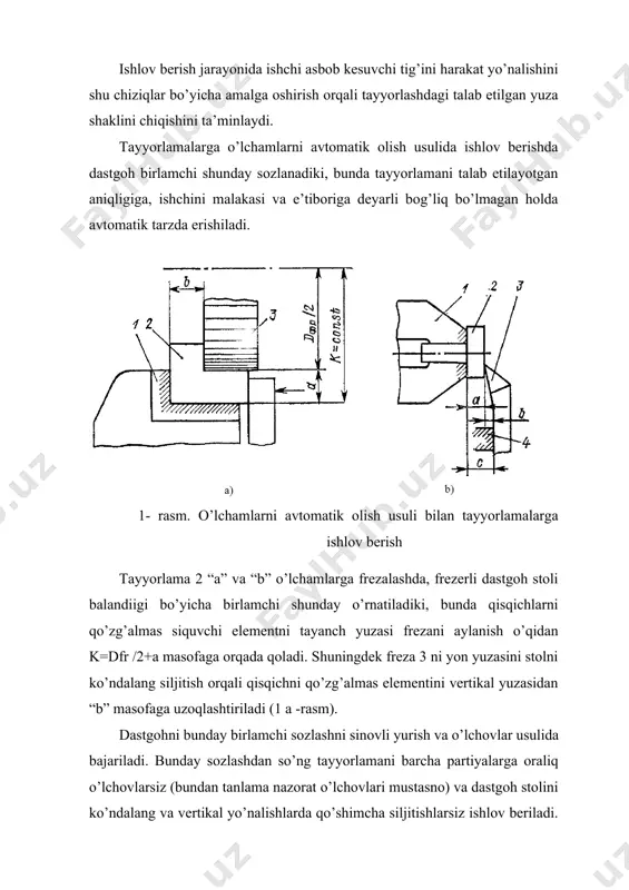 y sozlashda ishlov berilayotgan barcha tayyorlamalar uchun bir xilligi saqlanib qolinadi. shunga o’xshash tayyorlama 2 yon yuzasiga ishlov berishda tayyorlamani “a” o’lchami keskich 3 siljishini cheklovchi tayanch 4 yuzasidan mahkamlovchi moslama yonigacha bo’lgan “c” masofa hamda tayanch 4 yuzasidan keskich tig’i uchigacha bo’lgan “b” masofa bilan aniqlanadi (1 b -rasm). dastgohni birlamchi sozlashda o’rnatiladigan bu o’lchamlarning doimiyligida ishlov berilayotgan tayyorlamani “a“ o’lchami o’zgarmay turadi. demak, sozlangan dastgohlarda o’lchamlarni olishni avtomatik usulini qo’llashda talab etilayotgan aniqlikni ta’minlash vazifasi ishchidan dastgohni birlamchi sozlaydigan sozlovchiga, maxsus moslama tayyorlovchi asbobsozga hamda texnologik asoslar va tayyorlama o’lchamlarini belgilovchi, uni o’rnatish va mahkamlash usulini, moslamani kerakli konstruksiyasini aniqlovchi texnologga o’tadi. o’lchamlarni avtomatik olish usulini afzalliklari quyidagilar: -ishlov berish aniqligini oshish va nuqsonni kamayishi; -ishlov berish unumdorligini oshishi; -ishchilar malakasidan muqobil foydalanish; -ishlab chiqarish samaradorligini oshishi. sozlangan dastgohlarda o’lchamlarni avtomatik olish usulini bunday afzalliklari uni zamonaviy seriyali va ommaviy ishlab chiqarish sharoitlarida keng qo’llanishini belgilab beriladilar. 3. …