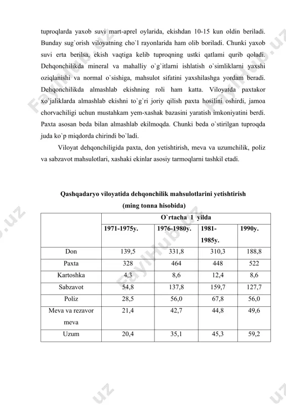 ahamiyati juda katta. ular oziq-ovqat sanoatida va chorva mollari uchun lzuqa tayyorlashda hal qiluvchi rol o`ynaydi. donli ekinlarga bug`doy, sholi, makkajo`xori, arpa, jo`xori, tariq, suli va javdar kiradi. qashqadaryo viloyatida donli ekinlardan eng ko`p bug`doy arpa va makkajo`xori ekiladi. qashqadaryo viloyatida 1990 yilda 251,4 ming ga maydonda don ekilib, yalpi hosili 288,8 ming t., hosildorlik 11,5 ts.ni tashkil etdi. bug`doyning “krasnaya vodopadskaya-210”, “tez pishar 512”, “surxak-5688”, “unumli bug`doy”, arpaning “boychechak”, “unumli arpa”, “karshinskaya” navlari ekiladi. don yetishtirishga ixtisoslashgan ilg`or xo`jaliklardan qamashi tumanidagi “g`allakor” nomli davlat xo`jaligi 1989 yilda 12,1 ming ga yerdan 22 ming t.don olib, hosildorlikni 18,3 ts.ga chiroqchi tumanidagi oxunboboev nomli davlat xo`jaligi 19,5 ming ga yerdan 25,6 ming t.don olib, hosildorlikni 13 ts.ga yetkazdi. bug`doy asosan viloyatning lalmikor yerlarida yetishtiriladi. sug`oriladigan yerlarda don hosildorligi lalmi yerlarga nisbatan 2-3 hissa ortiqdir. masalan, 1989 yilda qamashi tumanidagi “to`qboy” jamoa xo`jaligi 60 ga yerdan 52 ts. yakkabog` tumanidagi amir temur …