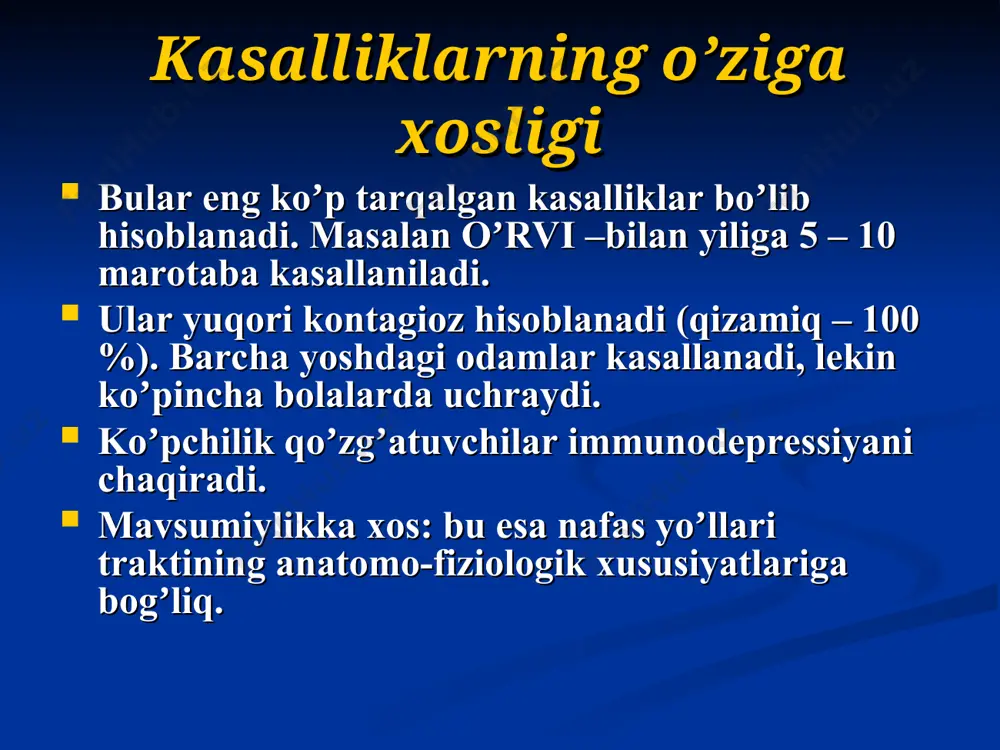 , uyqusizlik, temperatura 39-400s toksik formasi – (1-3%), boshlanishi oʼta oʼtkir, temperatura 400s dan yuqori, kuchli intoksikatsiya, xolsizlik, qayt qilish protsesslari, tomokda ogʼriq, giperemiya, shish, quyuq parda xosil boʼlishi. kasallikning yakuni yomon. xalqum boʼgʼmasi tarqalgan formasi klinikasi gemorragik – (0,1%), toksik formadagi kabi, lekin yana , inʼektsiya joylarida qon quyilishi, gemorragik-naletlar, burun qonashi, siydikda qon uchrashi, 90% oʼlim bilan tugaydi. gipertoksik – (0,01%), chaqmoqsimon (molnienosnoe) kechishi, > intoksikatsiya, temperatura = 410s, toʼxtovsiz qayt qilish, tortishib qolishi (sudorgi),oʼzini bilmay qolishi, > shish, kasallikning yakuni yomon. boʼgʼma krupi – (0,1%), ovozning oʼzgarishi, afoniya xolatigacha, (layushiy kashel), nafas olishning qiyinlashishi – yuzaligi, tezligi, sekin-asta > stenoz, burun lab uchburchagining sianozi yuzaga keladi (bola uxlagandek boʼlib uygʼonmaydi). bunday xolatlarda: intubatsiya, traxeostomiya qilish kerak. patogenlik omillari 1. ekzotoksinlari; a)gistotoksin. b)nekrotoksin. v)gemolizin. 2. аgressiv fementlari: a)gialuronidaza. b)neyrolinidaza. v)fibrinolizin. bu omillar toʼqima xujayralarining nafas olishida ishtirok etuvchi fosforlarni parchalaydi va toʼqimaning nafas olishi buziladi. gistotoksin 1. а …