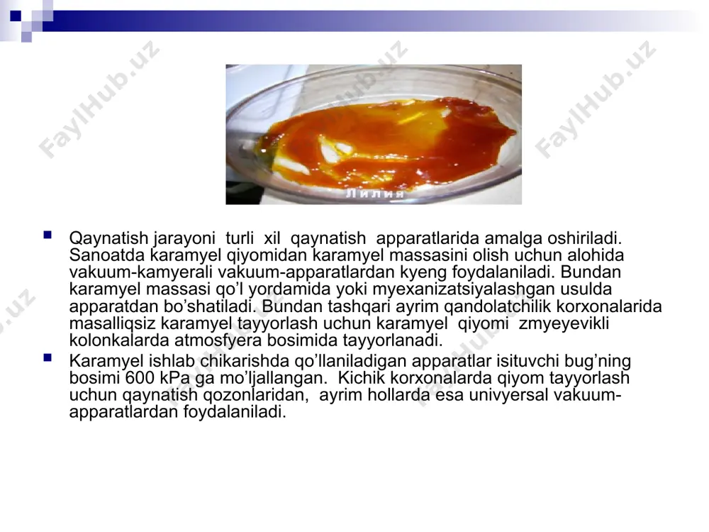 hlatiladi. konfetning ba’zi turlariga sut, qaymoq, tuxum oqsili, soya, vino yoki spirt, vafli va boshqa mahsulotlar qo‘shiladi. qandolat sanoati ko‘p xil konfetlar ishlab chiqaradi; ular qator belgilariga ko‘ra bir-biridan farq qiladi: -konfet massasi turiga ko‘ra- pomadali, meva va rezavor-mevali, martsipanli (maydalangan bodomdan qilingan), yong‘oqli (pralene), sutli (“korovka”, “start”, “rekord”), ko‘pchitilgan (tuxum oqsiliga shakar qo‘shib ko‘pchitilgan), likyorli ” (vino ham qo‘shib), kremli, grilyajli (yong‘oq maydalanib ka­ramel massasi bilan aralashtirilgan); -konfet massasi birikmasiga ko‘ra- bir qatlamli, ko‘p qatlamli, vafli qatlamli (yoki vafli bilan qoplangan); image1.jpeg image2.jpeg image3.jpeg image4.jpeg image5.jpeg image6.jpeg image7.jpeg image8.jpeg image9.jpeg image10.jpeg image11.jpeg image12.jpeg image13.jpeg image14.jpeg image15.jpeg image16.jpeg