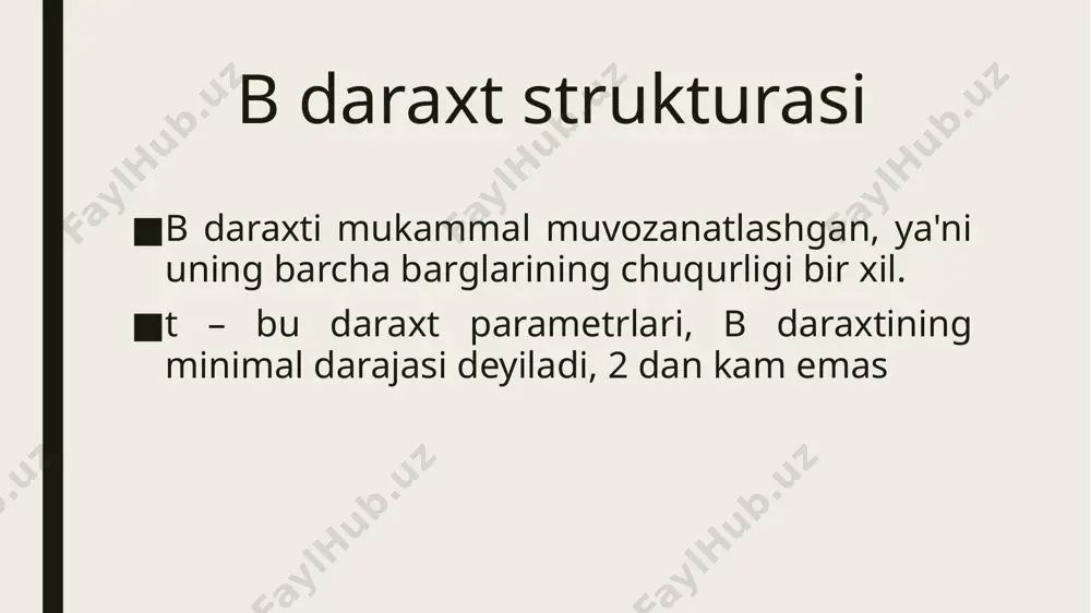 ildizdan chiqariladi (keyingi tugunda t-1 avlodlari ko'p bo'lgan holat) b-daraxtni realizatsiya qilish b-daraxtning minimum darajasi #define t 2 /* 2-3-4 b-tree */ struct btree { int leaf; int nkeys; int *key; int *value; struct btree **childj }; b-daraxtni hosil qilish struct btree *btree_create() { struct btree *node; node = malloc(sizeof(*node)); node->leaf = 1; node->nkeys = 0; node->key = malloc(sizeof(*node->key) * 2 * t - 1); node->value = malloc(sizeof(*node->value) 2 * t - 1); node->child = malloc(sizeof(*node->child) 2 * t); return node; } b-daraxtni realizatsiya qilish b daraxtda element izlash void btree_lookup(struct btree *tree, int key, struct btree **node, int *index) { int i; for (i = 0; i nkeys && key > tree->key[i]; ) { i++; } if (i nkeys && key == tree->key[i]) { *node = tree; *index = i; return; } if (!tree->leaf) { /* disk read tree->child[i] */ btree_lookup(tree, key, node, index); } else { *node = …