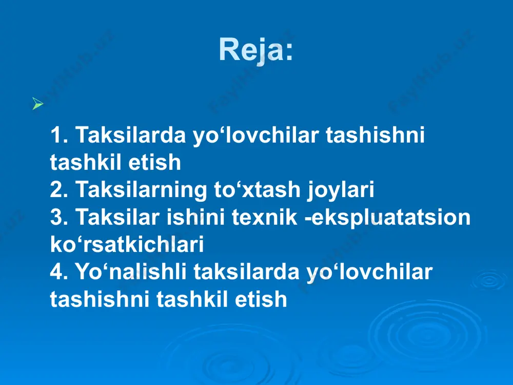 sini mavjudligi (ba’zi xususiy tashuvchilar ham bugungi kunda uyali telefon orqali buyurtma olayaptilar). 2.nozimlik boshqaruvini tashkil etishning osonligi. 3.ma’lum bir taksilar to‘xtash joyida uzluksiz xizmat ko‘rsatishni tashkil eta olish (aeroport,vokzal va portlar). 4.iqtisodiyotning barcha tarmoqlariga uzluksiz xizmat ko‘rsata olish. 5.harakat xavfsizligi bilan bog‘liq bo‘lgan masalalarni hal etishning nisbatan osonligi va boshqalar. yo‘lovchilar tashish bo‘yicha tadbirkorlik bilan shug‘ullanuvchi xususiy tashuvchilar faoliyatini nazorat etishning murakkabligi bir qancha salbiy oqibatlarga olib kelishi mumkin. bunday salbiy oqibatlarga haydovchilarning mehnatini va dam olishini nazorat qilinmasligi, transport vositasining texnik holatini nazorat qilish haydovchining o‘ziga yuklatilganligi, ishga chiqishdan oldin haydovchining tibbiy ko‘rikdan o‘tmasligi va bularning oqibatida haydovchilar aybi bilan sodir etilayotgan yo‘l-transport hodisalari miqdorining ortib ketishi, ularda halok bo‘layotgan va har xil darajada tanjarohati olayotgan odamlar sonining ortib ketishiga olib keladi. avtomobil transportida yo‘lovchilar tashish faoliyatini tartibga solish, fuqarolarning hayoti, sog‘ligi va xavfsizligini ta’minlash hamda transport xizmatlari sifatini oshirish maqsadida o‘zbekisiton respublikasi prezidentining 2006-yil 9-martdagi 303 –sonli …