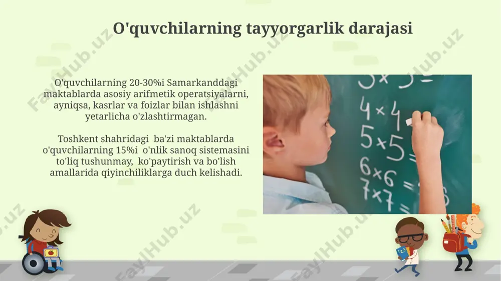 tezligi va aniqligi, 5-sinf matematika fanidan o‘tkazilgan test natijalariga ko‘ra, raqamlarni ketma-ket yozish va 2-xonali sonlarni qo‘shishda 15% xatolik darajasini ko‘rsatdi. andijon shahridagi boshlang‘ich maktablarda o‘tkazilgan tadqiqotlar shuni ko‘rsatdiki, 10 dan ortiq sonlar bilan arifmetik amallarni bajarishda o‘quvchilarning 40% qiyinchiliklarga duch kelmoqda, bu esa vizual hisoblash usullarini qo‘llashning past darajasidan dalolat beradi. muammolarni modellashtirish мураккаб арифметик амалларни моделлаштиришда, масалан, 125+75-50 мисолини ҳал этишда, рақамли чизиқлардан фойдаланиш, самарқанддаги ўқитувчиларнинг тажрибасига кўра, ўқувчиларнинг тушуниш даражасини оширади. муаммоларни моделлаштиришда, 20% ли чегирма билан 150 сўмлик нархдаги китобга қанча тўланишини аниқлаш каби фоиз масалаларини, жисмлар ёрдамида (кубиклар) кўрсатиш, андижон вилоятидаги ўқувчилар учун фойдали бўлади. matematik tushunchalarni shakllantirish kasrlarni tushuntirishda, andijon viloyatida 7-sinf oʻquvchilari bilan oʻtkazilgan darslarda, 1/2, 1/4 kabi oddiy kasrlardan boshlash va ularni kundalik hayotdagi 4 ta misol bilan bogʻlash samarali natijalar berdi. geometrik shakllarni oʻrganishda, 10 yoshli bolalar uchun toshkent shahridagi maktablarda oʻtkazilgan tadqiqotlar shuni koʻrsatdiki, 3 oʻlchovli modellardan foydalanish 2 oʻlchovli …