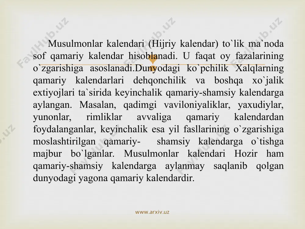 u sababli kalendariy yil 354 kundan, sinodik oy yili 354, 367 kundan iborat bо`ladi. oradagi bu farq har 30 yilda 11,013 kunni tashkil qiladi. mana shu ortib qolgan 11 kun 30 yillik davrning 11 yiliga (2,5,7,10,13,18,21,24,26,29) kabisa (355 kunlik), qolgan 19 yili oddiy (354 kunlik) tarzida hisoblanadi. yil kabisa yoki oddiy ekanligini bilish uchun uni 30 ga bо`lamiz. agar bо`lishdan qolgan qoldiq vuqoridagi 11 raqamdan biriga tо`gri kelsa, о`sha yili kabisa bо`ladi, qolgan yillar oddiydir. www.arxiv.uz www.arxiv.uz masalan: 1417 hijriy qamariy yil oddiy yoki kabisa ekanligini bilish uchun uni 30 ga bо`lamiz. 1417 : 30 = 47,7, qoldiq 7. vuqorida qayd etilgan 11 yilning uchinchisiga teng. demak, 1417 hijriy qamariy yil kabisa (355 kunlik) yil ekan. musulmon qamariy kalendari bо`yicha yil о`n ikki oyga bо`linadi. qamariy yil oylari fasllar bо`yicha qishdan kuzga, kuzdan yozga, yozdan baxorga va baxordan qishga qarab doimo siljib boradi. www.arxiv.uz www.arxiv.uz hijriy - qamariy kalendar oylari. …