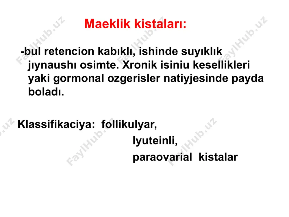 a payda boladı. yagnıy maeklikte emes, al kaptalında intraligamentar jaylasadı. xronik adneksit fonında rauajlanadı.gormon islep shıgarmaydı. bir tarepleme, tegis diyўallı, kishi ólshemli bolıp, bazıda ulken ólshemde ham ushırawı mumkin. suyıqlıǵı seroz, transsudatqa uqsas boladı. aste osedi, klinik belgilari guzetilmaydi, sol sebepli profilaktik kórik waqtında anıqlanadı. emlew: xirurgiyalıq jolı menen. endometrioid (shokolad) kistalar - jatır nayları arqalı mayeklikke tusken endometriy yamasa endometriydiń embrional bórtikshelerinen rawajlanadı. shokolad kista mayeklik endometriozi dep tariplenedi. klinik jaqtan bul kista hayz aldınan mikroperforaciya sebepli qarın boslıǵına qan tusiwi sebepli qarında awırıwlar menen guzetiledi. aўırıw hayz cikli menen baylanıslı bolıp, hayz aldınan kusheyedi. sonday aq al'godismenoreyaǵada tan boladı. mikroperforaciyada atiraptaǵı qarınperde, jatır, naylarda, isheklerde isiniwler payda boladı. emlew: xirurgiyalıq ham gormonal. mayeklik óspeleri (kistomalar) mayeklik óspeleri klassifikaciyası: i. epitelial óspelar: -seroz (cistadenoma, papillyar cistadenoma, juzeki papilloma, adenofibroma ham cistadenofibroma); -mucinoz (cistadenoma, adenofibroma ham cistadenofibroma); -brenner óspeleri (jaqsı sıpatli óspelar); -mezonefroid (adenofibroma); -aralas epitelial óspeler (jaqsı sıpatli óspeler); …