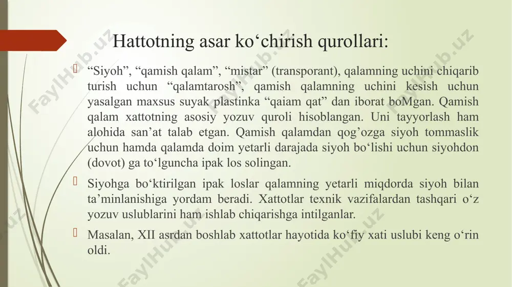 laydi. munis 1804 yilda o‘zbek tilida ‘savodi ta’lim’ nomli risola yozadi. uning bu risolasi amaliy hamda nazariy tomondan o‘sha davrga nisbatan katta ahamiyatga ega edi. munisning bu asari uning vafotidan keyin xorazm xattotlari tomonidan ko‘chirib yoziladi munis risolasi munis bu risolasini ikki qismga bo‘lib, birinchi qismida husnixat ta’limini bergan ustozlari haqida, xat va chiroyli yozuv asboblari haqida foydali maslahatlar beradi. so‘z maxzanining nishonasi ham, ma’ni durining hazonasi ham, har so‘zki, ko‘nguldan o‘vdi mavjud, xat bo‘lmasa bo‘lg‘ay erdi nobud... u yozuv qoidalariga ham katta ahamiyat berib shunday deydi: olam ishi intizomi andin, olam elining nizomi andin, u1 bo‘lmasa bo‘imag’ay kitobat, bu bo‘lmasa qolmag’ay hikoyat... “savodi ta’lim”ning ikkinchi qismida arab alfavitidagi harflaming o‘lchovi kutubxonasi va shakli katta kichikligi tushuntiriladi. hozirgi kunda maktablarimiz oldida turgan muhim vazifalardan biri o‘quvchiiaming savodxonligini oshirishdir. o‘quvchilaming savodxonligini oshirishda toza va chiroyli yozuvning roli katta. ulug‘ rus pedagogi k. d. ushinskiy husnixat darslariga alohida e’tibor berib, “dastlabki orfografik …