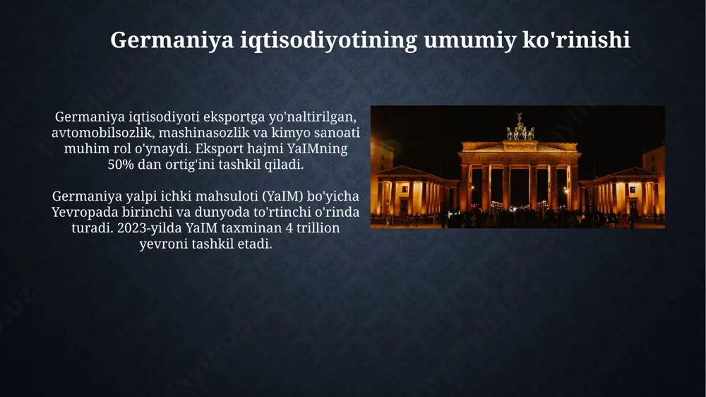 tkichlari qayd etildi. germaniya haqida umumiy ma'lumot germaniya germaniya "industry 4.0" konsepsiyasini ilgari surmoqda, bu ishlab chiqarishda raqamlashtirish va avtomatlashtirishni nazarda tutadi, maqsad samaradorlikni 20% ga oshirishdir. kelajak uchun rejalari kelajak uchun rejalari germaniya federal hukumati raqamlashtirishga 2024 yilga qadar 12 milliard yevro investitsiya kiritishni rejalashtirgan, bu esa korxonalarni raqamli transformatsiya qilish va keng polosali internetni rivojlantirishga qaratilgan. moliyaviy sektor germaniya moliya sektorida bank aktivlari 2023-yilda 8 trillion yevrodan oshdi. regulatorlar raqamli aktivlar va kriptovalyutalarni tartibga solishga qat'iy e'tibor qaratmoqda. frankfurt yevropa markaziy banki joylashganligi sababli, mintaqaning moliyaviy markazi hisoblanadi. germaniyaning davlat qarzi yaimning taxminan 68% ni tashkil etadi, defitsit esa nazorat ostida saqlanmoqda. raqamlashtirish va innovatsiyalar germaniya hukumatining raqamli strategiyasi 2025 yilga qadar davlat xizmatlarining 80 foizini onlayn qilishni ko'zda tutadi. bu raqamli identifikatsiya vositalarini joriy etishni o'z ichiga oladi. germaniya 2024 yilda sun'iy intellekt sohasiga 3 milliard yevro sarmoya kiritishni rejalashtirmoqda. maqsad - ai texnologiyalari bo'yicha 100 dan …