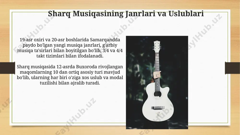 rning asarlari orqali sharq musiqasi o'rta osiyo musiqa an'analarini boyitgan. sharq musiqasining 7-10-asrlardagi buxoro va samarqanddagi madaniy rivojlanishiga katta ta'siri bo'lib, ko'plab musiqa maktablari va ijrochilarni yetishtirgan. sharq musiqasining zamonaviy talqini o'zbekistonning turli mintaqalaridan, jumladan, xorazm va farg'ona vodiylaridan kelgan 5 dan ortiq etnik cholg'ular zamonaviy musiqiy asboblar bilan uyg'unlashtirilgan holda sharq musiqasining zamonaviy talqinlarida qo'llanilmoqda. sharq musiqasining zamonaviy talqinida 2000-yillardan boshlab elektron musiqa elementlari, xususan, dubstep va trap janrlari, samarqand va buxoro kabi shaharlarning an'anaviy ohanglariga qo'shilib, yangi avlod ijodkorlarini jalb etmoqda. sharq musiqasida qo'shiq matnlarining ahamiyati sharq musiqasining turli janrlarida, masalan, "shashmaqom"da, qo'shiq matnlarining semantik yuklamasi 5 dan ortiq qatlamni o'z ichiga olib, ma'no boyligini va chuqurligini ta'minlaydi. sharq musiqasida qo'shiq matnlari, xususan, 15-asr buxoro maktabi namunalarida, muhabbat, diniy va ijtimoiy mavzularda 20 dan ortiq g'azallarni o'z ichiga olgan murakkab she'riy tuzilmalarni aks ettiradi. e'tiboringiz uchun rahmat @taqdimot_robot image7.jpg image8.jpg image9.jpg image10.jpg image11.jpg image12.jpg image13.jpg image14.jpg image15.jpg image16.jpg …