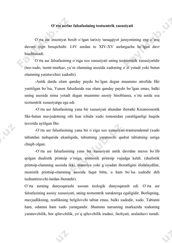 rkazida xudoning yaratuvchilik, bor qiluvchilik, yo`q qiluvchilik iradasi, faoliyati, aralashuvi turadi. insonning joni, borlig`i tabiatniki deb emas, balki xudoniki, xudodandir, deb talqin etildi. a) xristian falsafasida olam va odam muammosi. realizm va nominalizm. o`rta asr falsafasida /arbiy ovro`pada xristian dini asta-sekin xukmron mafkuraga, dunyoqarashga aylanib boradi. xristian dini barcha saholarini, shu jumladan falsafani ham o`ziga bo`ysundiradi. falsafa butun kuchini xristian dinining aqidalari to`g`ri ekanliginini isbotlashga sarf qilishi lozim edi. xristian falsafasining boshqa dinlardan farqli tomoni shundan iboratki, inson xudoga o`xshash fazilatlar, xislatlar mavjudligini isbotlariga ilk bor harakat qilgan. o`rta asr xristian falsafasida «muqaddas tarix»ni vujudga kelishi, xudoning inson qiyofasida namoyon bo`lishi-buyuk tarixiy voqea edi. shuningdek xristian diniga e`tiqod qilgan bandalarni, har qanday balo-qazolardan ozod qiladigan zamonlarning kelishi haqidagi orzu-istaklari ham buyuk tarixiy voqeadir. o`rta asr falsafasida ayniqsa x-xiv asrlar davomida ikki asosiy oqim nominalizm va realizm o`rtasida keskin kurash davom etdi. bu ikki oqim o`rtasidagi kurashning asosiy masalasi-umumiy tushunchalar mohiyati …
