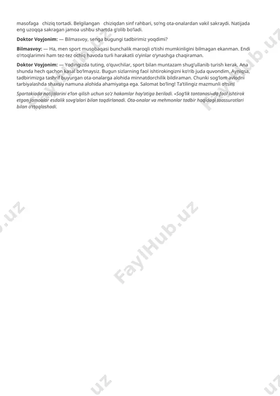 a» musobaqasi. bunda o‘quvchilar gardishni aylantirib, undan osha sakraydilar. «gazetxon» musobaqasi. jamoalarga chelak, qog‘oz yoki gazeta sahifalari beriladi. ota-onalar yoki sinf rahbari gazeta sahifalaridan qog‘oz sharchalar yasashlari va guruh ishtirokchilariga uzatishlari talab etiladi. jamoalar qog‘oz sharchalarini chelakka 1,5—2 metr masofadan otib tushirishlari kerak bo‘ladi (chelakka tushirilgan shariklar soni hisobga olinadi). dam olish daqiqasi. uch musobaqa sharti bajarib bo‘lingach, doktor voyjonim va bilmasvoy boshchiligida bolalar sho‘x musiqa sadolari ostida raqsga tushadilar. doktor voyjonim: — bolalar, charchab qolmadingizmi? bolalar: — yo‘q! bilmasvoy: — unda musiqa sadolari ostida biz bilan birgalikda mana shu harakatlarni bajaring va biz bilan birga kuylang. keling, o‘z raqsimizni yaratamiz. agar «clap» (klep) desak, chapak chalasiz, «hands up» (henz ap) desak, qo‘llaringizni yuqoriga ko‘tarasiz, «hands down» (henz daun) desak, qo‘llaringizni tushirasiz, «jump» (jamp) desak, bir oyoqda sakraysiz. kelishdikmi? bolalar: — ha! bilmasvoy va doktor voyjonim: we are having fun right here! look what we do and do it here! …