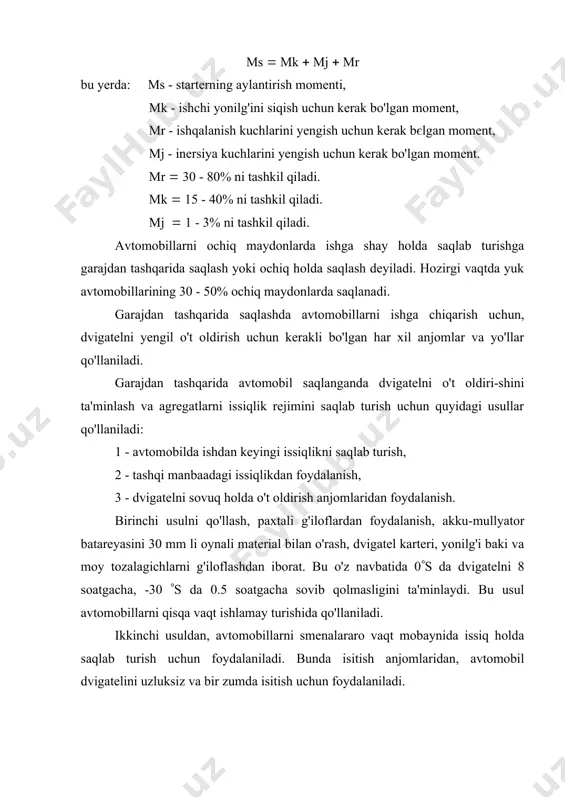 iloflardan foydalanish, akku-mullyator batareyasini 30 mm li oynali material bilan o'rash, dvigatel karteri, yonilg'i baki va moy tozalagichlarni g'iloflashdan iborat. bu o'z navbatida 0(s da dvigatelni 8 soatgacha, -30 (s da 0.5 soatgacha sovib qolmasligini ta'minlaydi. bu usul avtomobillarni qisqa vaqt ishlamay turishida qo'llaniladi. ikkinchi usuldan, avtomobillarni smenalararo vaqt mobaynida issiq holda saqlab turish uchun foydalaniladi. bunda isitish anjomlaridan, avtomobil dvigatelini uzluksiz va bir zumda isitish uchun foydalaniladi. saqlash turlari va anjomlari avtomobillarni yakka holda va guruhiy holda saqlash uchun moslashgan bo'lishi mumkin. saqlash turlarini qo'llash avtomobilni issiq tayyorlashga bog'liqdir. issiq tayyorlash tashqaridan beriladigan issiqlik manbaaini ko'rsatadi. bu uzluksiz va bir damda isitish orqali amalga oshiriladi. uzluksiz isitish, bu avtomobilning dvigatelini ishdan bo'sh vaqtida uzluksiz issiq holda saqlab turish demakdir. bir zumda isitish esa, bu avtomobil ishga chiqishidan oldin, uning dvigatelini tezda isitish demakdir. bir zumda issiq suv bilan isitishda ketadigan suv sarfini quyidagicha aniqlanadi: v ( q ( (1 …