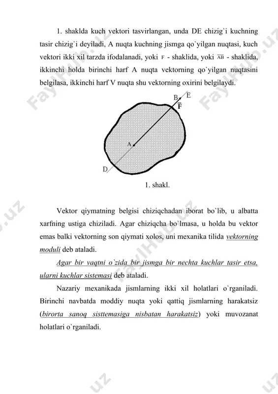 lekin bo`ladi. bu aksiomani quyidagicha talqin qilish mumkin, yani bir nuqtaga qo`yilgan harqanday ikkita va kuch vektorini, shu nuqtaga qo`yilgan boshqa bitta -kuch vektori bilan almashtirish mumkin bo`lib, ushbu kuch avvalgi ikkita kuchning teng tasir etuvchisi deyiladi, va lotincha r harfi bilan belgilanadi. aslida - vektorining moduli yoki uning son qiymati va kuchlarning modullarining yig`indisiga teng emas, lekin shu r kuchining jismga tasiri, va kuch vektorlarining tasirlariga teng degan mazmun kelib chiqadi, yani 4-aksioma. agar ikkita jism bir birlariga tasir ko`rsatayotgan bo`lsalaru, ular muvozanat holatda bo`lsalar, ularning bir birlariga tasir kuchlarining son qiymatlari teng, yo`nalishlari qarama qarshi bo`lib, bir to`g`ri chiziqda yotadilar (4. shakl). bu aksiomani tasir va aks tasir aksiomasi deyiladi, va quyidagicha ifodalanadi. 4.shakl. (1.1) endi biz shu yuqoridagi 4-ta aksiomalarga asoslanib, yangi - yangi xulosalar va gipotezalarni isbot qilishga o`tamiz, masalan quyidagi qoidani isbot qilaylik 1 - qoida. absolyut qattiq jismning biror nuqtasiga qo`yilgan har qanday kuch …