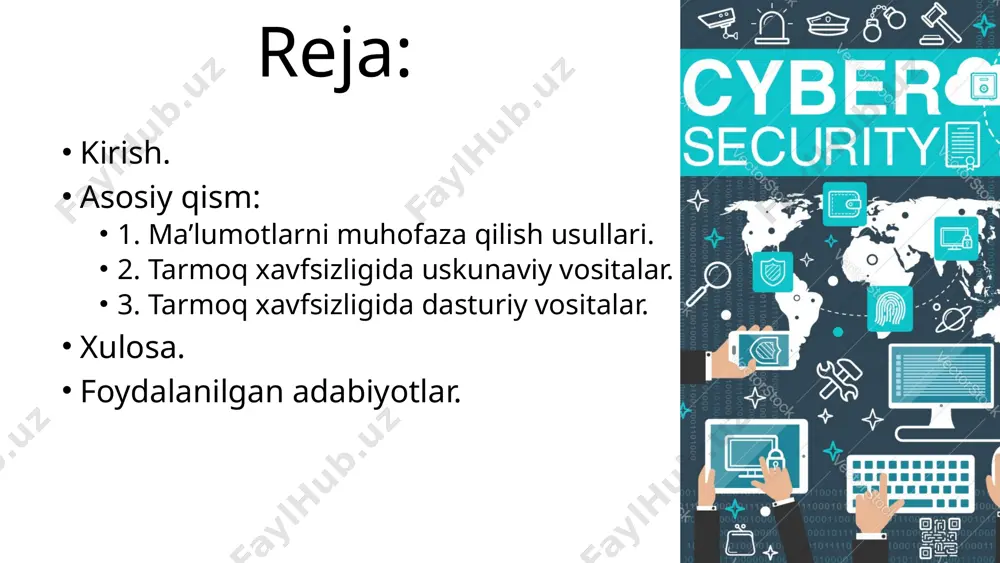klaydigan dasturiy yoki apparat vositalari. tarmoq xavfsizlik devorlari tarmoqni tashqi xavflardan himoya qiladi. dasturiy xavfsizlik devorlari kompyuterda o'rnatiladi va ma'lum dasturlarni himoya qiladi. 7 ma'lumotlarni o'chirish (data erasure) ma'lumotlarni to'liq o'chirish - bu ma'lumotlarni tiklashning iloji bo'lmaydigan darajada yo'q qilish jarayoni. bu eski qurilmalarni utilizatsiya qilishdan oldin muhim. degaussing magnit maydon yordamida ma'lumotlarni o'chirish. yozib tashlash ma'lumotlarni bir necha marta ustidan yozish. jismoniy yo'q qilish qurilmani maydalash yoki eritish. 8 tarmoq xavfsizligida uskunaviy vositalar. 9 tarmoq xavfsizligida uskunaviy vositalar tarmoq xavfsizligi – har qanday tashkilot uchun muhim ahamiyatga ega bo'lgan jarayon. uskunaviy vositalar esa tarmoqni himoya qilishning muhim qismlaridan biridir. ushbu vositalar tarmoq trafigini kuzatib, zararli faoliyatni aniqlaydi va oldini oladi. ular turli xil xavfsizlik tahdidlariga qarshi samarali himoya ta'minlaydi. ushbu taqdimotda biz tarmoq xavfsizligida eng ko'p ishlatiladigan uskunaviy vositalarni ko'rib chiqamiz va ularning afzalliklari hamda kamchiliklarini muhokama qilamiz. shuningdek, o'zbekistonda ma'lumotlar xavfsizligini ta'minlashda ushbu vositalardan qanday foydalanish mumkinligi haqida …