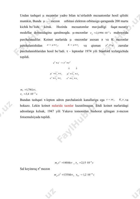 ema energiyasi, t —temperaturasi. ikkita zarra to’qnashganda zarralar o’z indivudialligini saqlab qolishi va ulardan hosil bo’lgan kvantlar to’qnashishidan hosil bo’lgan qizigan sistema yana n ta zarraga parchalanib ketishi mumkin. bu holat fayrbol (fireball— olovli shar) modeli orqali tushunt iriladi. bu holda hosil bo’lgan sistyema massasi kabi aniqlanadi. bu yerda x1 — va x2— h1, h2 — adronlar o’zida saqlab qolgan impulslar miqdori. endi shunday faraz qilishimiz mumkin, ikki zarra to’qnashganda yadro maydon kvantlari to’qnashishlari zanjiridan ko’p miqdordagi zarralar hosil bo’lishi mumkin. bunday tasavvurga asoslangan model multiperiferiy model deyiladi. bundan tashqari, zarrachalarning ko’p miqdoridagi hosil bo’lishini tushuntirishga qaratilgan part on va kvark modellari ham mavjud. feynman tomonidan taklif qilingan part on (part —qism) modeliga ko’ra adronlar part onlardan (hozirgi paytda — kvarklardan) tuzilgan va ular o’zaro ta’sirlashganda shu part on lar orqali ta’sirlashadi. bunday nuqtaviy zarralar o’zaro ta’sir kesimi (p— parton impulsi) kabi ifodalanadi. oddiy holatda yadro energiya zichligi ga teng. …