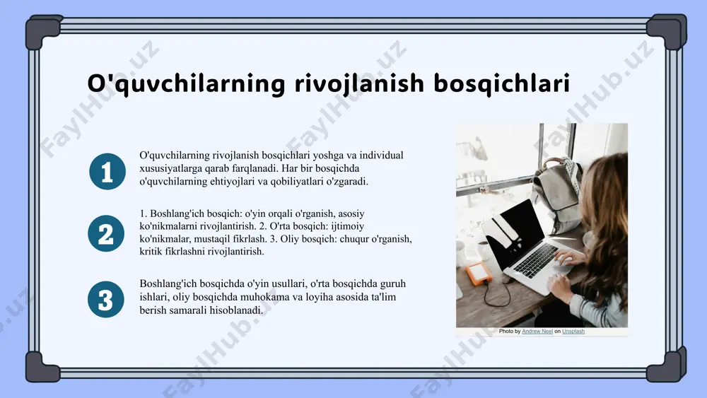 arishlar yaratishga xizmat qiladi. tarbiyada ijtimoiy omillar ijtimoiy omillar tarbiyada muhim o'rin tutadi. oila, jamiyat va madaniyat o'quvchilarning qadriyatlari va munosabatlariga ta'sir qiladi. oila muhitida o'quvchilar o'z qadriyatlarini shakllantiradi. jamiyat va madaniyat, ularning o'zaro aloqalarini va ijtimoiy ko'nikmalarini rivojlantirishda asosiy rol o'ynaydi. o'quvchilarning tarbiyasida ijtimoiy omillarni hisobga olish muhimdir. tarbiyada psixologik yondashuvlar 1. psixologik yondashuvlarning tarbiyadagi o'rni: ta'lim jarayonida psixologik yondashuvlar bolalarning individual ehtiyojlarini inobatga olib, ularning rivojlanishiga ijobiy ta'sir ko'rsatadi. 2. bolalarning psixologik ehtiyojlari: har bir bola o'zining emotsional, ijtimoiy va kognitiv ehtiyojlariga ega. tarbiyachilar va o'qituvchilar bu ehtiyojlarni qondirishda muhim rol o'ynaydi. 3. psixologik yondashuvlarni qo'llash usullari: o'zaro muloqot, o'yinlar, va individual yondashuvlar orqali psixologik yondashuvlar samarali qo'llanilishi mumkin. photo by tai ngo on unsplash tarbiyada muammolar va yechimlar tarbiyada muammolar: 1) o'zaro munosabatlarning zaifligi, 2) o'quvchilarning motivatsiyasini pasayishi, 3) ta'lim tizimidagi yetishmovchiliklar, 4) ota-onalar va ta'limchilarning hamkorligining yo'qligi. ushbu muammolar o'quvchilarning o'qish jarayoniga salbiy ta'sir ko'rsatishi mumkin. …