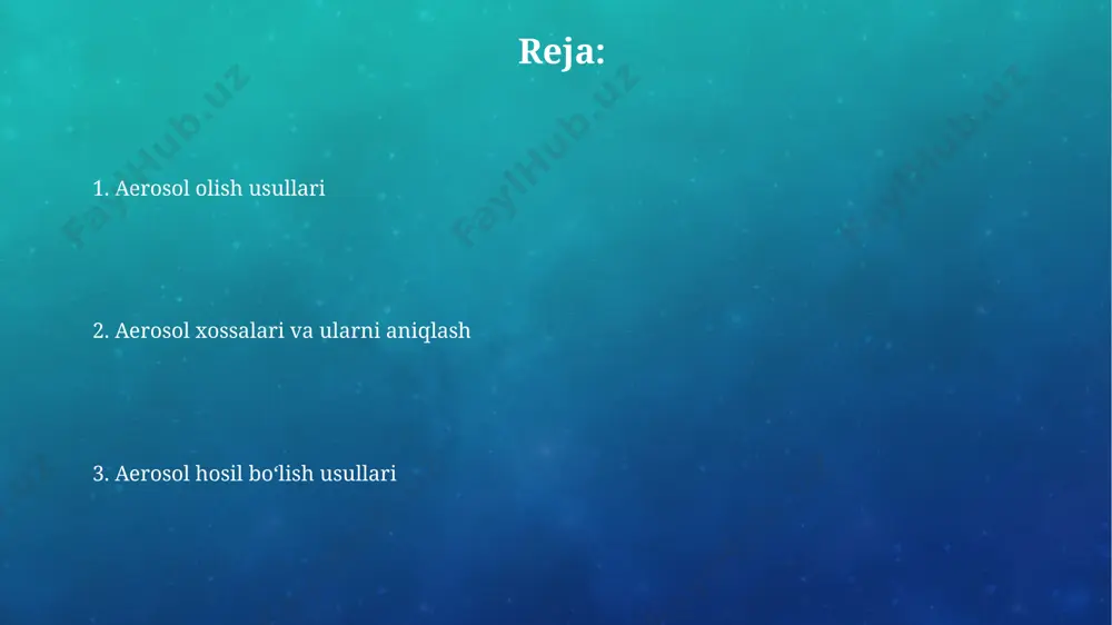 xususiyatlaridan foydalanib, ularning oʻlchamini aniqlash uchun, differensial mobil ionlashtirish spektrometri (dmps) kabi usullar qoʻllaniladi. bu usul 10-1000 nm oraligʻida yuqori aniqlikda oʻlchash imkonini beradi va fargʻona vodiysiga tegishli ma'lumotlarni taqdim etadi. aerosollarni elektrostatik disperslash yuqori kuchlanishli elektrostatik maydonlarda suyuqlikning atomizatsiyasi natijasida hosil boʻlgan aerozol zarralarining zaryad miqdori, masalan, 10 -15 kulon boʻlishi mumkin va bu zarrachalarni choʻktirish va nazorat qilishni ancha osonlashtiradi. elektrostatk disperslash usuli yordamida 1-5 mikrometr diametrli aerozollarning hosil boʻlishi samaradorligi 90% dan yuqori boʻlishi mumkin, bu esa rossiyada ishlab chiqarilgan uskunalar yordamida amalga oshirilishi mumkin. aerosol hosil boʻlishining fizikaviy usullari aerosollarni hosil qilishning fizikaviy usullaridan biri, masalan, 20-30 mikrometrli zarrachalar o‘lchamiga ega bo‘lgan suvli eritmalarni ultratovush yordamida parchalash orqali amalga oshiriladi, bu jarayon ko'plab kimyoviy laboratoriyalarida, jumladan toshkentdagilarida qo'llaniladi. mayda kukuni o'z ichiga olgan qattiq jismni maydalash orqali, masalan, 5-10 mikronli sement changini hosil qilishda, havo oqimini qo'llab, keng tarqalgan changli aerosol hosil bo'ladi. bu jarayon qurilish …