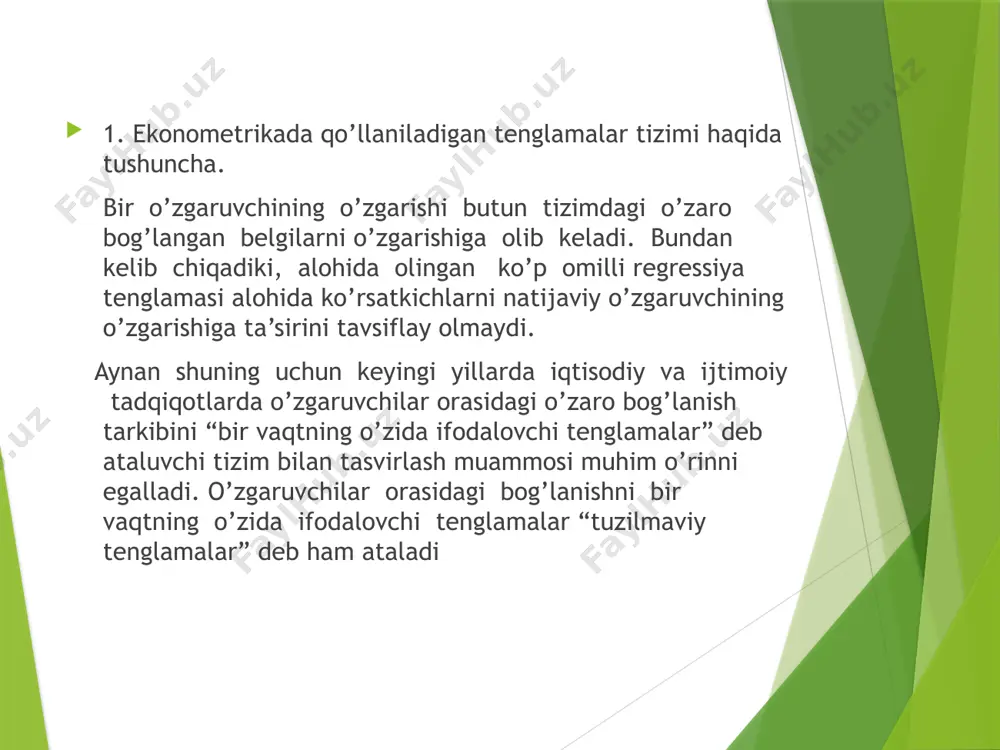 a vaqtli qatorlarning haqiqiy darajasini trend, tsiklik va tasodifiy komponentalarning yig’indisi yoki ko’paytmasi shaklida tasavvur qilish mumkin. uchchala komponentalarning yig’indisidan tuzilgan model vaqtli qatorning additiv modeli deyiladi. chala komponentalarning ko’paytmasidan tuzilgan model vaqtli qatorning multiplikativ modeli deyiladi. mavsumiy va tsiklik tebranishlarni modellashtirish vaqtli qatorning additiv va multiplikativ modeli. mavsumiy yoki tsiklik tebranishga ega bo’lgan vaqtli qatorlar strukturasini tahlil qilishga bir qancha yondoshuvlar mavjud. eng sodda yondoshuv – bu mavsumiy komponentalar qiymatini sirg’anchiq o’rtacha usuli bilan hisoblash va vaqtli qatorning additiv yoki multiplikativ modelini tuzishdan iborat. additiv model quyidagi umumiy ko’rinishga ega: bu modelda davriy qatorning har bir darajasi trend(t), mavsumiy(s) va tasodifiy(e) komponentalar yig’indisidan tashkil topadi deb qaraladi. multiplikativ model quyidagi umumiy ko’rinishga ega: bu model vaqtli qatorning har bir darajasi trend(t), masumiy(s) va tasodifiy(e) komponentalar ko’paytmasidan iborat deb qaraladi. ikkala modeldan birini tanlash masumiy tebranishning strukturasini tahlil qilish asosida amalga oshiriladi. agar tebranish amplitudasi taxminan o’zgarmas bo’lsa, turli tsikllar …