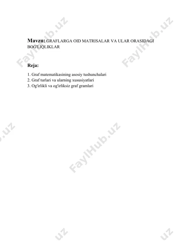 ilgan tsiklsiz graf (dag)**: bu yo'naltirilgan, ammo tsiklsiz grafdir. bunday graf odatda hisoblash jarayonlarini, masalan, jarayonlar va ularning ketma-ketligi bilan ifodalanadi. 8. **og'irlik va masofalar**: ko'pgraflarda qirralarga og'irliklar qo'yilishi mumkin, ular qirra uzunligi yoki xarajatlari sifatida ishlatiladi. bu og'irliklar yordamida grafda turli yo'llarning umumiy narxi yoki masofasi hisoblanadi. 9. **graflar isomorfizmi**: ikki graf isomorfik bo'lsa, ulardagi tuzilmalar bir-biriga mos tushadi. bu turli xil graf tuzilmalarining bir xil xatti-harakat qilishini aniqlashda yordam beradi. 10. **maxsus graf turlari**: - **to'laqonli graf**: har bir tugun har bir boshqa tugun bilan qirrasi bor graf. - **ikki qismli graf**: tugunlar to'plami ikki qismga ajratilgan va faqat bir qismdan ikkinchi qismga qirralar mavjud bo'lgan graf. - **daraxt**: bu maxsus bir grafik bo'lib, bog'langan va tsiklsizdir. har bir qirra ikkita tugunni bevosita bog'laydi. graf matematikasi ko'plab amaliy qo'llanmalarga ega, jumladan tarmoqlar dizayni, resurslar taqsimoti, transport tizimlari, ijtimoiy tarmoqlar analizi, tezkor qidiruv algoritmlarini ishlab chiqishda va boshqa ko'plab …