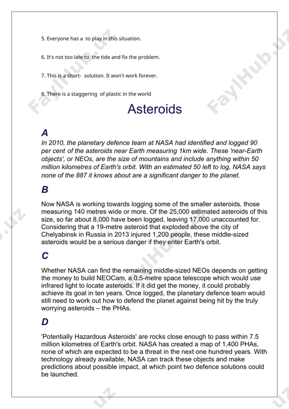 tch the paragraph with the information it contains. 6 items remaining · f · d · e · a · c · b information about a plan that needs finance before it can happen an unrealistic-sounding way to solve the problem of an asteroid crashing into earth information about asteroids that are the biggest danger to earth information about the numbers of unidentified asteroids near earth information about nasa’s most successful project to record asteroids near earth a solution planned for testing cultural expectations and leadership gabriela worked for a multinational company as a successful project manager in brazil and was transferred to manage a team in sweden. she was excited about her new role but soon realised that managing her new team would be a challenge. despite their friendliness, gabriela didn't feel respected as a leader. her new staff would question her proposals openly in meetings, and when she …
