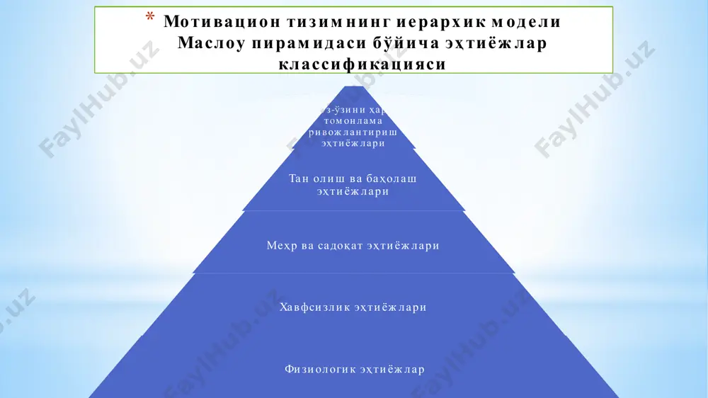 индивидуал фазилатларгина шахснинг хусусан ўзига хос фазилатлари сифатида юзага чиқади. индивидуал- типик хусусият шахс яшаётган ва шақлланаётган бирликнинг ривожланишига ва индивидлараро муносабатларнинг билвосита ифодаси ҳисобланган фаолиятнинг характери, қадриятлари ва мақсадларига боғлиқ тарзда жиддий равишда турли хил кўринишда намоён бўлади. шахс шахс – ижтимоий ва шахслараро муносабат махсули, онгли фаолиятнинг субъекти бўлмиш индивиддир. шахсга таълуқли бўлган энг муҳим хусусиятлари унинг жамиятдаги мураккаб ижтимоий муносабатларига бевосита алоқадорлик, ижтимоий фаолиятга нисбатан ҳам объект, ҳам субъект бўлишидир. шахс - ташқи ижтимоий таъсирларни ўз онги ва идроки билан қабул қилиб, сўнгра уларнинг субъекти сифатида фаолият кўрсатади. шахс тузилиши (с.л. рубинштейн бўйича) йўналганлик билим, малака, тажриба индивидуал-типологик хусусиятлар дунёқараш, фаолият ва хулқ мотивларида, идеаллар, қизиқишлар ва эҳтиёжларда намоён бўлади фаолиятда ва ҳаёт жараёнида ўзлаштирилади темперамент, характер, қобилиятда намоён бўлади биогенетик социогенетик психогенетик когнитивистик психоаналистик бихевиористик инсон психологияси ва тараккиёт тушунчаларини боғлик холда таҳлил қилиш лозим. тараккиёт бу инсонни бутун умри давомида хам сифат ҳам миқдор жихатдан …