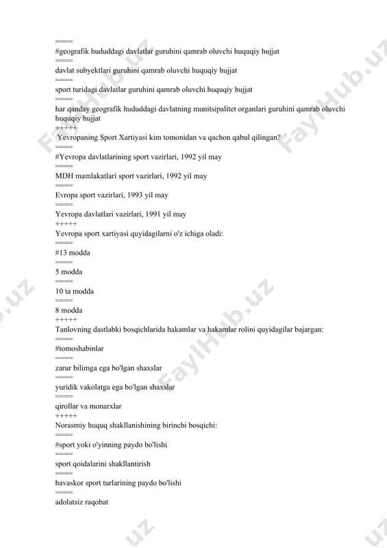 ==== #1924 yildan beri ==== 1925 yildan beri ==== 1926 yildan ==== 1927 yildan beri +++++ yunesko qachon va qayerda tashkil topgan? ==== #1946 parij ==== 1945 yil london ==== 1944 yil berlin ==== 1945 yil nyu-york +++++ liganing asosiy boshqaruv hujjatlari qanday? ==== #konstitutsiya yoki nizom ==== nizom yoki nizom ==== buyruq yoki tartibga solish ==== nizom yoki farmon +++++ transfer tizimi nima? ==== #sportchilarni bir sport tashkilotidan boshqasiga o'tkazish tizimi ==== klubdan klubga o'tish tizimi ==== ishlaydigan sport tashkilotlarini boshqasiga o'tkazish tizimi ==== sport tashkilotlari ma'muriyatini boshqasiga o'tkazish tizimi +++++ sug'urta polisi nima? ==== #sportchi hayotini sug'urta qilish hujjati ==== shaxsni tasdiqlovchi hujjat ==== sog'liqni saqlash hujjati ==== yashash sharoitlari hujjati +++++ sport musobaqalarini tashkil etish shakli qanday? ==== #sport tomoshasi ==== sport klubi ==== sport bo'limi ==== sport klubi +++++ musobaqalarni tashkil etish va o‘tkazishni tartibga soluvchi asosiy hujjatlar qanday? ==== #tanlov qoidalari va qoidalari ==== nizom …