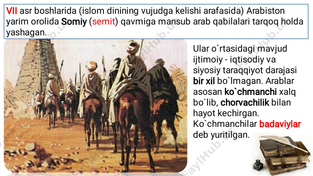 ushr o`ndan bir daromadni 10/1 qismi jon solig`i natur holatdajizya zakot tozalanish mulkni 40/1 qismi aholi orasida islom dinigacha ko`p xudolik - butparastlik urf bo`lgan. jumladan, ka'bada 360 ta but bo`lib, ularning eng yiriklari hubal va lut edi. mamlakatda ko`p xudolikning mavjud bo`lishi oqibatida o`zaro qabilaviy urushlarni yuzaga keltirgan. islomning paydo bo`lishi vi asrgacha bo`lgan vaqt arablarda- johiliyat davri sifatida tilga olinadi. islom arabcha — bo`ysunish, itoat etish, o`zini alloh irodasiga topshirish ma'nolarini bildiradi. islom diniga e'tiqod qiluvchilar arabcha «muslim» («sadoqatli», ko`plik shakli «muslimun») deb ataladi. (632 – 634 yillar) hazrati umar (634 – 644 yillar) hazrati usmon (644 – 656 yillar) hazrati ali (656-661 y) muhammad alayhissalom nasroniy yil hisobida 632 yil (hijriy 10 yili) 25 mayda o`z uylarida vafot etadi. payg`ambar vafotidan so`ng u kishining ishonchli noiblari (arabcha xalifalar) davlatni boshqarganlar. shu tariqa tarixda «arab xalifaligi» (632 – 1258) paydo boqlgan allohning payg`ambari o`ldi, lekin alloh biz bilan! …