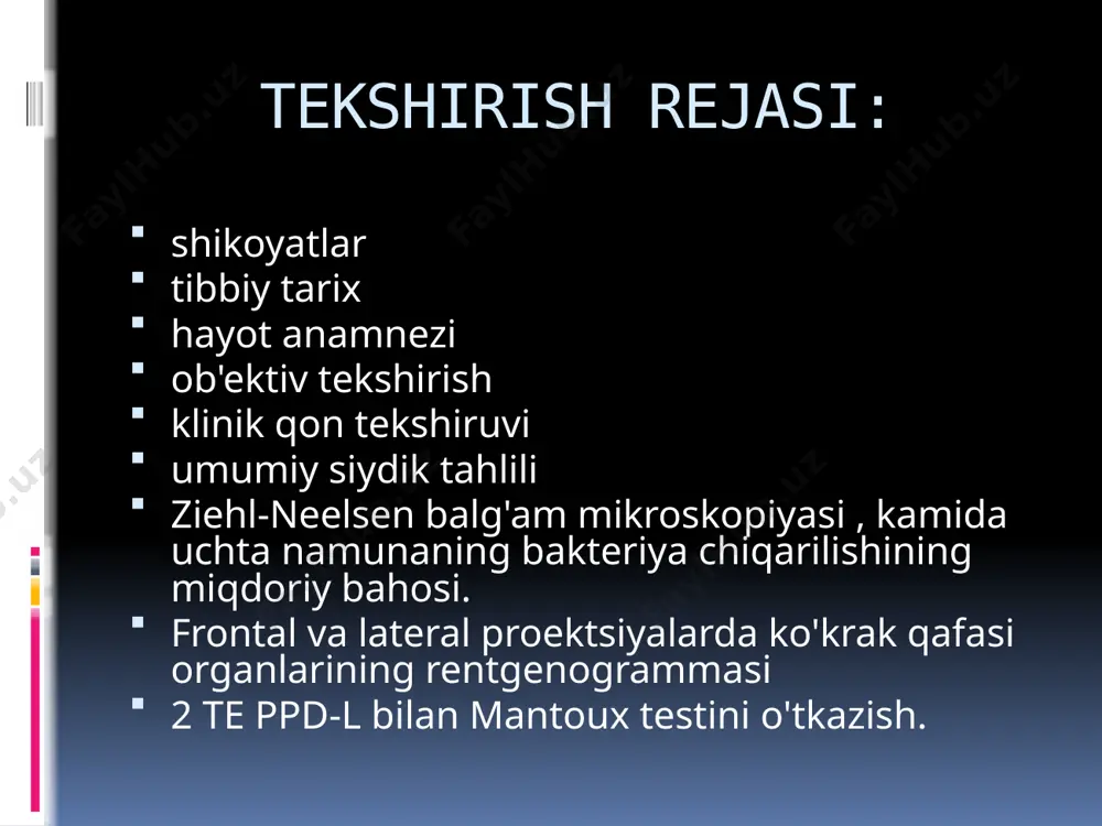 ga xos gemoptizi va o'pkadan qon ketishining klinik ko'rinishi yo'talayotganda sternum orqasida siqilish hissi paydo bo'ladi, bo'g'ilish hissi og'izdan quyqalarsiz qizil ko'pikli qon chiqariladi. davolash yarim o'tirish holati yoki og'riqli tomondan egilib o'tirish past oqimli kislorodli terapiya burun kateteri orqali 2-3 l / min qon qorong'i bo'lsa - atropin , tomir ichiga 10 ml 2,4% aminofilin eritmasi, pastki ekstremitalarda turniketlar. agar qon qizil bo'lsa, ganglion blokerlari ko'rsatiladi : 1-2 ml pentaminning 5% eritmasini tomir ichiga yuborish ; 1,5% gangliron teri ostiga yoki og'iz orqali, benzogexonium 0,1-0,2 g dan kuniga 2 marta 2-3 kun davomida. kapillyar devorning o'tkazuvchanligini kamaytirish uchun - 10 ml 10% kaltsiy xlorid eritmasi tomir ichiga yuboriladi, teri ostiga yoki og'iz orqali pipolfen yoki difengidramin; askorbin kislotaning 5% li eritmasidan 3-5 ml mushak ichiga yoki 0,1 g og'iz orqali kuniga 3-5 marta. agar 500 ml dan ortiq yo'qotish ko'rsatilsa, gematologik ko'rsatkichlar nazorati ostida mahalliy , quruq yoki yangi …