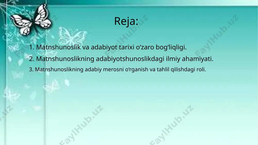 am beradi. bu fan adabiy tahlil va tadqiqotlarning aniq dalillarga asoslanishini ta’minlab, adabiyotshunoslikning nazariy va amaliy jihatlarini boyitadi. etiboringiz uchun rahmat! image1.jfif image2.jpeg /docprops/thumbnail.jpeg