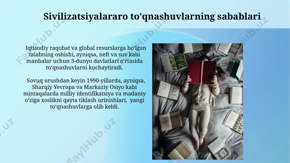 qasining geosiyosiy ahamiyati, taxminan 5000 yillik tarixga ega bo'lgan boy madaniy meros va 20 dan ortiq mamlakatlarni o'z ichiga olganligi, huntington nazariyasida muhim o'rin tutadi. sharqiy osiyo sivilizatsiyasi, xususan, yaponiya, janubiy koreya va xitoyning iqtisodiy o'sishi 20-asrning ikkinchi yarmidan boshlab dunyo miqyosida 7% dan ortiq bo'lgan yuqori sur'atlar bilan kuzatildi. e'tiboringiz uchun rahmat @taqdimot_robot image2.jpg image3.jpg image4.jpg image5.jpg image6.jpg image7.jpg image8.jpg image9.jpg image10.jpg image11.jpg image12.jpg image13.jpg image14.jpg image15.jpg image16.jpg image17.jpg image18.jpg image1.png