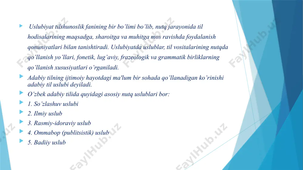 ar bir fanning o’ziga xos ilmiy atamalaridan foydalaniladi, bu uslubda so’zlar o’z ma'nosida qo’llanadi, qoida yoki ta'rifning mazmunini ochishga xizmat qiladigan ajratilgan bo’laklar, kirish so’zlar, kirish birikmalar, shuningdеk, qo’shma gaplardan ko’proq foydalaniladi. 3. rasmiy-idoraviy uslub davlat idoralari tomonidan chiqariladigan qarorlar, qonunlar, nizomlar, xalqaro hujjatlar rasmiy-idoraviy uslubda yoziladi. ariza, tilxat, ma'lumotnoma, chaqiruv qog’ozi, taklifnoma, shartnoma, tarjimai hol, e'lon, tavsifnoma, dalolatnoma, hisobot kabilar ham shu uslubda yoziladi. bunday uslubdagi hujjatlar qisqa, aniq, barcha uchun tushunarli qilib tuziladi. bu uslubning asosiy bеlgisi: jumlalarning bir qolipda, bir xil shaklda bo’lishi. bu uslubda ham so’zlar o’z ma'nosida qo’llanadi, ko’pchilikka ma'lum bo’lgan ayrim qisqartma so’zlar ishlatiladi, har bir sohaning o’ziga xos atamalaridan foydalaniladi. rasmiy-idoraviy uslubda ko’pincha darak gaplardan, qaror, buyruq, ko’rsatma kabilarda esa buyruq gaplardan ham foydalaniladi. bu uslubda gap bo’laklarining odatdagi tartibda bo’lishiga rioya qilinadi: o’z lavozimini suiistе'mol qilganligi uchun m.ahmеdovga hayfsan e'lon qilinsin. 4. ommabop (publitsistik) uslub tashviqot-targ’ibot ishlarni olib borishda qo’llanadigan uslub, ya'ni …