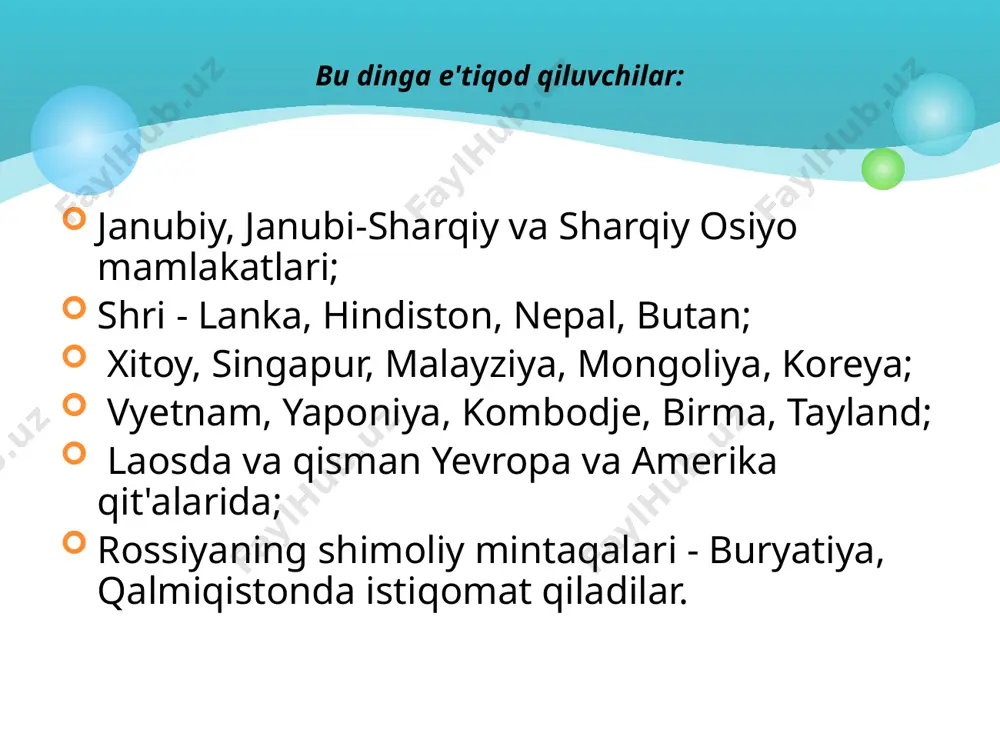 an xviii asrlargacha buryatiya va tuvaga, xix-xx asrlarda amerika va yevropa qit'alariga buddaviylik kirib borgan. buddaviylik manbalari tripitaka (yoki tipitaka) - uch savat ma'nosini anglatadi. u uch qismdan iborat bo‘lganligi uchun shunday nom bilan atalgan. ular: sutta-pitaka - budda targ‘ibotining haqiqiy bayoni hisoblangan sutra matnlari; vinaya-pitaka -rahboniylik ahloqi va xonaqohlar nizomlariga bag‘ishlangan vinaya matnlari; abxidxarma-pitaka -buddaviylikning falsafiy va psixologik muammolarini bayon qilib berishga bag‘ishlangan abxidxarma matnlaridan iborat. e'tiboringiz uchun rahmat! image1.jpeg image2.png image3.png /docprops/thumbnail.jpeg