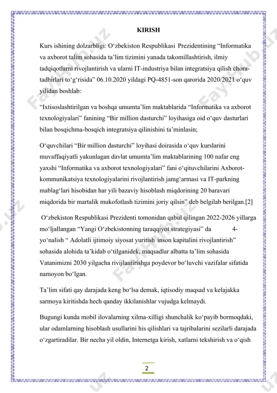 ilar tomonidan mazmunli vazifalarni bajarishi kerak bo‘ladi. bu esa dizaynerlar va dasturchilar orasidagi ishbirligi bilan amalga oshirilishi kerak. uchunchidan, ilovaga qo‘shimcha funksiyalar (masalan, push-xabarlar) qo‘shish ham yana bir dolzarbligi hisoblanadi. ushbu xizmatlar uchun serverni buyurtma berilishi kerak bo‘ladi, bu esa ozroq pullik ishni bildiradi. bundan tashqari, mobil ilovalarni testlash va xato topuvchi dasturlarni ishlatib ko‘rish ham pul sarflashni talab etadi. kurs ishining o‘rganilganlik darajasi: so‘nggi paytlarda ijtimoiy tarmoqlardan foydalanishning keskin o‘sishi kuzatilmoqda. mobil ilovalar ijtimoiy mediadan foydalanishni o‘zgartirdi, chunki u endi do‘stlar va oila a'zolari bilan aloqada bo‘lish vositasi emas, balki biznes platformasi hamdir. bu ijtimoiy media ilovalari va veb-saytlarning paydo bo‘lishi tufayli mumkin. ushbu ilovalar va veb-saytlar biznes uchun eng arzon va ehtimol eng samarali marketing vositalaridan biri hisoblanadi. shunday qilib, ular biznesdagi shaxslar tomonidan mobil telefonlarida ijtimoiy media ilovalaridan foydalanish orqali biznesni samarali, oson va samarali boshqarish uchun foydalaniladi. aqsh smartfon egalarining taxminan 67 foizi har kuni internetga …
