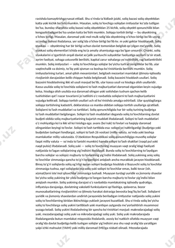 shaxslarning mazkur korxonada o‘z mehnati, investitsiyasi bilan ishtirok etishi natijasida 23 olgan daromadi (foydasi)dan soliqlarni ushlab qoladi va davlat budjetiga o‘tkazib beradi. soliq agentlari davlat budjetiga soliqlarni bevosita yoki bilvosita ishga yollanganligi natijasida to‘lanadigan ish haqidan, dividendlardan, doimiy muassasa orqali faoliyat ko‘rsatmaydigan norezident yuridik va jismoniy shaxslardan ushlanishi lozim bo‘lgan soliq summalarini ushlab qoladi va budjetga o‘tkazib beradi, ushlab qolinmagan, kam ushlab qolingan va o‘z vaqtida o‘tkazib berilmagan soliq summasi uchun qonunchilikda belgilangan moliyaviy, ma’muriy va jinoiy javobgarlikka tortiladilar. har bir yuridik shaxs soliq munosabatlarida soliq subyekti bo‘lishi bilan birgalikda soliq agenti sifatida ham ishtirok etadi. soliq agenti iqtisodiy adabiyotlarda asosan fiskal agent sifatida qayd etiladi. soliq obyekti — soliq to‘lovchining soliq hisoblanadigan va soliqqa tortish uchun asos bo‘lib xizmat qiladigan daromadi, oboroti va mol-mulki tushuniladi. soliq obyekti sifatida foyda yoki daromad, muayyan tovarlarning qiymati, yer maydoni, jismoniy va yuridik shaxslarning mulklari, tabiiy resurslardan foydalanish miqdori va boshqalar kiradi. soliq …