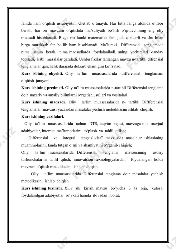 eng sodda turlari bilan tanishamiz. 1. ushbu yn=f(x) (4) tenglamaning tartibini pasaytirish, ketma-ket integrallash yo’li bilan amalga oshiriladi: yn-1=+c1 yn-2=+c1x+c2 ........................................................................................ y= 2. izlanayotgan у funksiya va uning y, y k....yk-1hosilalari oshkor holda ishtirok etmagan f(x ,y,yk,yk-1…yn)=0 (5) differensial tenglamaning tartibi yk=z yk+1=z’ yn=zn-k almashtirishlar yordamida к birlikka pasaytiriladi: f(x, z, z',...,zn-k) = 0. 3. erkli x o’zgaruvchi oshkor holda ishtirok etmagan f(y,y',y".....yn)= 0 (6) tenglamaning tartibi y’=p y’’= y’’’=p= almashtirishlar orqali bir birlikka pasaytiriladi. 4. f (x ,y ,y ',y " ,..) funksiуа (y ,y ',y " ,..) larga nisbatan bir jinsli bo’lgan f (x ,y ,y ',y " ,..)=0 (7) tenglamaning tartibi y= almashtirish orqali bittaga kamaytiriladi. 5. tenglamaning chap tomoni aniq hosila bo’lgan hoi. bu holda tenglama tartibini bir birlikka pasaytirish bevosita integrallash yo’li bilan amalga oshiriladi. albatta, bunday hoi kamdan-kam uchraydi. ayrim hollarda tenglamani bunday ko’rinishga keltirishga ba’zi sun’iy shakl almashtirishlar orqali erishiladi, biroq bunday shakl …