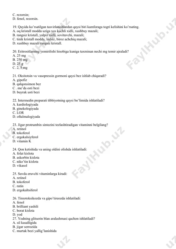 og’ va yo’g’simon moddalar; b. flavonoidlar va efir moylar; c. saponinlar va alkaloidlar; d. kumarinlar va xromonlar. 37. qirqbo’g’im qanday gurux ta’sir qiluvchi moddalar saqlaydi? a. alkaloidlar va efir moylar; b. flavonoidlar va saponinlar; c. oshlovchi moddalar va tanidlar; d. kumarinlar va xromonlar. 38. ilonsimon toron o‘sadigan joylar a. ukraina va belorussiya; b. qrim va zakavkaze; c. o‘rta osiyo; d. tojikiston. 39. ilonsimon toron mahsuloti a. ildizi; b. guli; c. bargi; d. ildizpoyasi. 40. qaysi o’simlikning mahsuloti quritilgan 2 juft bargli 2 sm uzunlikdagi novdachadan iborat. bargi cho’ziq tuxumsimon yoki rombsimon –ellipssimon, o’tkir uchli, arrasimon qirrali bo’lib, yuqori tomoni tuksiz, pastki tomoni tuksiz, pastki tomoni tukli, uzunligi 2-5 sm, eni 1, 5-2 sm. a. malina; b. ortosifon; c. levzeya; d. kalonxoy. 41. qaysi o’simlikning kimyoviy tarkibida triterpen sapononlar, m-inozit, achchiq ortosifon glikozidi, 1, 5 % gacha vino, limon va boshqa kislotalar, 0, 2-0, 66 % efir moyi, 5-6 % oshlovchi …