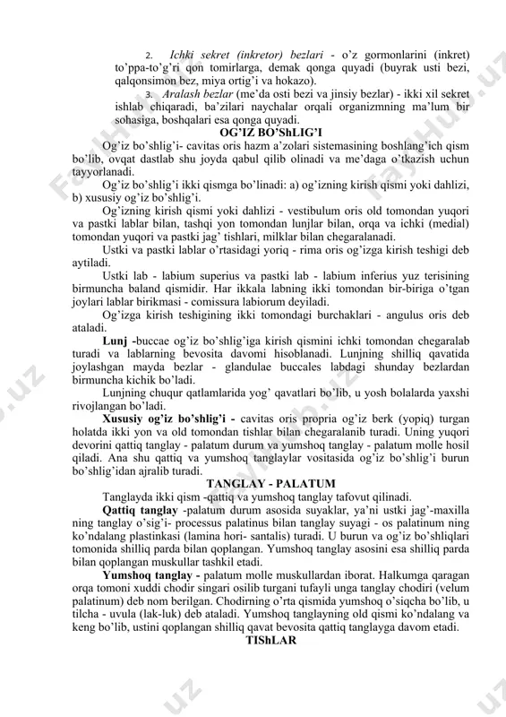 l bilan boradi. shilliq qavat ustini qoplab turadigan epitelial qavat hazm a’zolarining hamma joyida bir xil tuzilishga ega emas. masalan, u og’iz bo’shlig’ida ko’p qatorli qoplagich bilan qoplangan, me’dada bez epiteliysi bilan qoplangan. biriktiruvchi to’qima tolalari epiteliy qavatining asosini tashkil qiladi va tarkibida qon tomirlar hamda nerv tugunlari bo’ladi. me’da va ichaklar devorining ikkinchi qavatini shilliq osti pardasi (tela submucosa, juda yupqa parda) tashkil qiladi. biriktiruvchi to’qimadan tuzilgan bu nozik pardada qon tomirlar, nervlar, bez moddalari, limfa moddalari bo’ladi. shilliq qavat hazm a’zolarining og’iz bo’shlig’i va halqumdan boshqa qismida joylashishi, shakli va balandligi turlicha bo’lgan burmalar hosil qiladi. bu burmalarni hosil qilishda tela submucosa ma’lum darajada rol o’ynaydi. u bir tomondan shilliq qavat bilan, ikkinchi tomondan muskul qavat bilan tutashgan. binobarin, muskullar qisqargan holatda turgani va shilliq qavatning hajmi muskul qavatga nisbatan katta bo’lgani tufayli u baland-past hosil qiladi. muskul qavat muskul qavat (tunica muscularis) hazm a’zolari devorlaridagi (shilliq va …