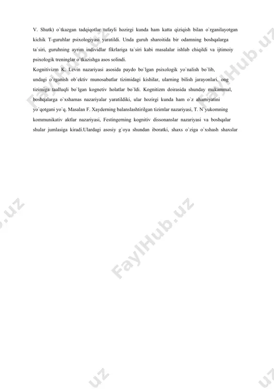 ixoanaliz, bixoviorizm, va geshtal`t psixologiya) ichida ham ijtimoiy xulq-atvorni kichik guruhlar doirasida o`rganish tendentsiyasi paydo bo`ldi. bunda asoaiy diqqat kichik guruhlarga va ularda turlicha eksperimentlar o`tkazishga qaratilgan edi. bunday holatning paydo bo`ganligi konfliktologiyaning fan sifatida shakllanishida nihoyatda katta rol` o`ynadi. geshtalt psixologiya yo`nalishi negizida maxsus ijtimoiy psixologik yo`nalishlarning-interaktsionizm va kognitivizmning paydo bo`lganligi esa bu fanning eksperimental ekanligini ekanligini yana bir bor isbot qildi. konfliktologiya yo`nalishshlari doirasida o`tkazilgan ijtimoiy psixologik tadqiqotlar avvalo amerikalik olimlar k. xall va v.skinnerlar nomi bilan bog`liq. ular va ularning izdoshlari xisoblangan k.miller, d.dollardj, dj. tibo, g.kelli va boshqalar diada – ikki kishi o`rtasidagi munosabatlarning xilma-xil eksperimental ko`rinishlarini tadqiq qilib, ularda matematik o`yin nazariyasi elementlarini kuzatdilar. diada sharoitida tajribada o`tkazilgan tadqiqotlarda asosan mustahkamlash g`oyasini isbot qilishga urinildi. klassik bixeviorizmdan farqli o`laroq ijtimoiy psixologik bixevioristlar hayvonlar o`rniga laboratoriyaga naqd pulga odamlarni taklif eta boshladilar, shuning uchun ham ularning g`oyasida biologizm va mexanizm tarzda ilgarigi hayvonlarda to`plangan dalillar modelini …