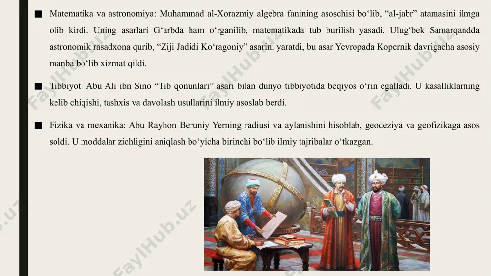 afizika, ruhiyat va axloq haqidagi qarashlari yevropa skolastikasiga ta’sir ko‘rsatgan. burhoniddin marginoniy (xii asr) – “hidoya” asari orqali islom huquqi (fiqh)ning asosiy manbalaridan birini yaratdi. tarix va geografiyaga qo‘shgan hissasi narshaxiy (x asr) – “buxoro tarixi” asari orqali o‘z davrining ijtimoiy-siyosiy hayoti haqida qimmatli manba qoldirgan. abu rayhon beruniy – “qadimgi xalqlardan qolgan yodgorliklar” hamda “hindiston” asarlarida xalqaro tarixiy va madaniy qiyosiy tahlil olib borgan. abulfazl bayhaqiy va rashididdin – markaziy osiyo xalqlari tarixi, siyosiy voqealari va shaxslar hayoti haqida muhim asarlar yozgan. adabiyot va tilshunoslik mahmud koshg‘ariy (xi asr) – “devonu lug‘otit turk” asarida turkiy tillarning ilk qomusini yaratdi. bu asar lingvistika va etnografiya sohasida bebaho manba hisoblanadi. xulosa markaziy osiyo allomalari matematika, astronomiya, tibbiyot, falsafa, adabiyot, tarix va diniy-ma’naviy sohalarda bebaho meros qoldirgan. ularning asarlari g‘arb va sharq ilmiy tafakkurini bog‘lovchi asosiy manbalar bo‘lib xizmat qilgan. xususan, xorazmiy algebra asoschisi, beruniy va farg‘oniy astronomiya rivojiga, ibn sino tibbiyotga, …
