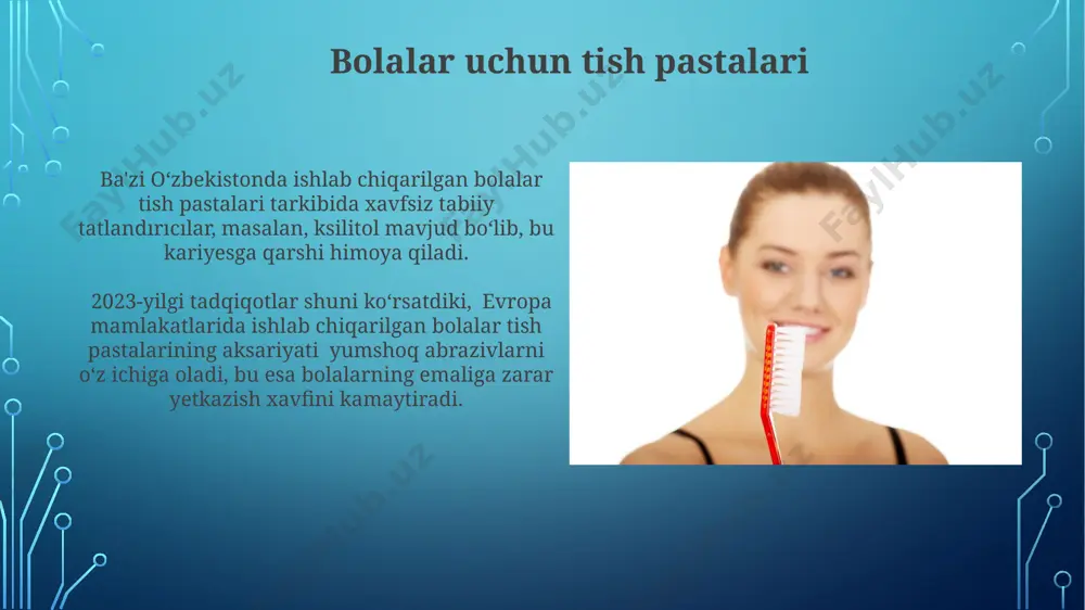 h tish shifokoriga kamida yiliga ikki marta, profilaktika maqsadida tashrif buyurish, 35 yoshdan oshgan shaxslar uchun esa yiliga 1-2 marta professional tozalashni o'z ichiga olgan holda, toshkentdagi stomatologik klinikalarda tavsiya etiladi. sog'lom tishlarni saqlash uchun, 6 oyda bir marta tish shifokoriga tekshiruvdan o'tish va professional og'iz gigienasi muolajalarini o'tkazish, masalan, professional tozalash va floridlash, qashqadaryo viloyatida ham tavsiya etiladigan yaxshi amaliyotdir. tish cho'tkasi tanlash voyaga yetganlar uchun o'rtacha qattiqlikdagi, 2500-3000 ta tukli cho'tka tanlash maqsadga muvofiq. misol uchun, suiss brendining cho'tkalari yaxshi sifatga ega va turli xil qattiqlikdagi variantlarni taklif qiladi. tishlash cho'tkalarini 3 oyda bir marta almashtirish kerak. agar cho'tkaning tuklari egilgan yoki yıpranmış bo'lsa, uni bundan oldinroq ham almashtirish lozim. bu stomatologlarning jahon miqyosidagi tavsiyalaridan biridir. sezgir tishlar uchun pastalar sezgir tishlarga qarshi samarali pastalarning aksariyati yevropa ittifoqi mamlakatlarida ishlab chiqariladi va tarkibida parabenlar va sls kabi tirnash xususiyatiga ega bo'lgan kimyoviy moddalar minimal miqdorda yoki umuman bo'lmaydi. …