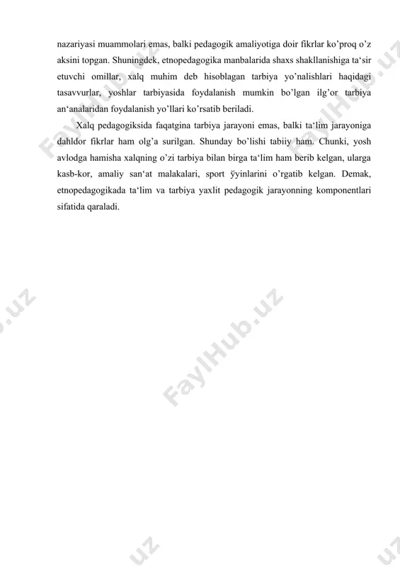 darajada taraqqiy etgan iqtisodi bilangina emas, balki bilimdon, ma‘naviy yetuk farzandlari bilan ham jahonni qoyil qilishi lozim,”- deganida prezidentimiz haq edi. (karimov i.a. ilm-fan imkoniyatlaridan to’laroq foydalanaylik. “o’qituvchilar gazetasi”. 1989 yil, 2 dekabr). buyuk mutafakkirlarimizning pedagogik qarashlari mazmuniga xalq pedagogikasi g’oyalari singib ketgan. forobiyning “fozil odamlar shaҳri”, beruniyning “qadim xalqlardan qolgan yodgorliklar”, ibn sinoning “tadbiri manozil”, “donishnoma”, yusuf xos ҳojibning “qutadg’u bilig”, va boshqa asarlarida xalq pedagogikasi elementlaridan unumli foydalanilgan. xalq pedagogikasi boshqa fanlar bilan ham yaqin aloqada faoliyat ko’rsatadi. chunonchi, tarix, etnografiya, adabiyot, sotsiologiya, san‘at, madaniyatshunoslik fanlarini shu toifaga kiritish mumkin. pedagogika fanlari tizimiga kiruvchi barcha fanlar, psixologiya, fiziologiya, gigiena fanlari bilan hamkorlikda rivojlanib boradi. xalq pedagogikasida dunyoning moddiyligi, ijtimoiy hodisalarning o’zaro bog’liqligi, sabab va oqibatlari, shakl va mazmun birligi, qarama-qarshi kuchlar kurashiga doir falsafiy qonuniyatlarga amal qilinganligi yaqqol ko’zga tashlanib turadi. masalan, “har bir qiyinchilikning rohati ham bor”, “oldinga ketgan ҳalinchak orqaga ham qaytadi”, “quvonch kelmasdan qayg’u ketmas”... …