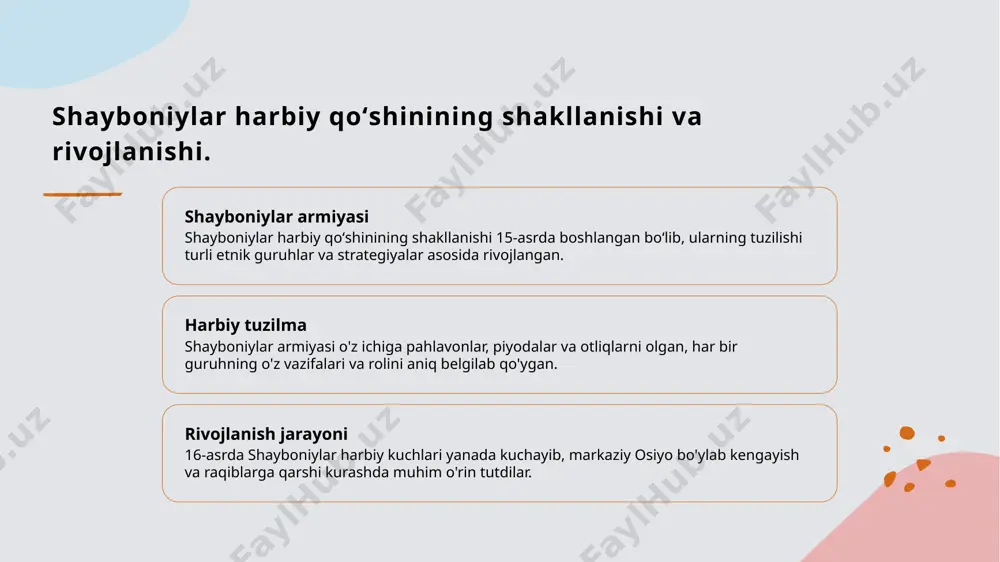 , jangovar birliklar va qabilalar aralashmasi orqali ko'p qirrali harakat qila oldi. 3 ijtimoiy ta'sir - shayboniylar harbiy kuchlari, nafaqat hududiy kengayish, balki ijtimoiy-iqtisodiy hayotda ham o'zgarishlar keltirib chiqardi, savdo va madaniyat rivojlanishiga hissa qo'shdi. shayboniylar davrida markaziy osiyoda harbiy strategiyalar va ularning natijalari. harbiy strategiyalar shayboniylar davrida harbiy strategiyalar to'liq harakat rejalari asosida qurilgan bo'lib, raqiblar ustidan ustunlikni ta'minladi. taktik yutuqlar shayboniylar armiyasi janglarda tezkor harakat va qamrovli taktikalar bilan ajralib turdi, bu esa ko'plab muhim g'alabalarga olib keldi. ta'sir va meros shayboniylar davrida qo'llanilgan strategiyalar markaziy osiyoda keyingi harbiy tashkilotlar va strategiyalarga ta'sir ko'rsatdi, merosi hozirgacha saqlanmoqda. shayboniylar harbiy qoʻshinining markaziy osiyo tarixidagi o‘rni va merosi. 1 shayboniylar ta'siri shayboniylar harbiy qoʻshini, markaziy osiyoda kuchli davlatlar o‘rtasida muhim rol o‘ynab, siyosiy va ijtimoiy tuzilmalarga ta'sir ko‘rsatdi. 2 harbiy meros shayboniylar davrida yaratilgan harbiy tashkilotlar va strategiyalar, keyingi avlodlar uchun nafaqat jangovar tajriba, balki madaniy meros ham bo‘lib qoldi. …
