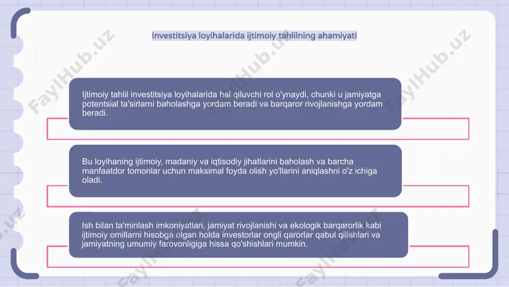 lar investitsion loyihalarni ijtimoiy tahlil qilish loyihaning axloqiy oqibatlarini hisobga olishni o'z ichiga oladi. bunga loyihaning foydalari adolatli taqsimlanishi va mahalliy hamjamiyatlarga yoki atrof-muhitga har qanday salbiy ta'sir minimallashtirilishini ta'minlash kiradi. investitsion loyihalarda axloqiy me'yorlar loyihaning ijtimoiy va ekologik qadriyatlarga mos kelishini ta'minlashni o'z ichiga oladi. bu atrof-muhitga zarar etkazadigan yoki ijtimoiy tengsizlikka hissa qo'shadigan sohalarga investitsiyalardan qochishni va o'rniga barqarorlik va ijtimoiy adolatni rag'batlantiradigan loyihalarga e'tibor qaratishni o'z ichiga olishi mumkin. investitsion loyihalarning axloqiy oqibatlarini hisobga olgan holda, investorlar o'zlarining qadriyatlariga mos keladigan va ijobiy ijtimoiy o'zgarishlarga hissa qo'shadigan yanada oqilona qarorlar qabul qilishlari mumkin. investitsion loyihalarda ijtimoiy xarajat-foyda tahlili investitsion loyihalarning ijtimoiy tahlili loyiha bilan bog‘liq ijtimoiy xarajatlar va foydalarni har tomonlama baholash imkonini beradi. ijtimoiy xarajat-foyda tahlili (scba) yordamida qaror qabul qiluvchilar loyihaning turli manfaatdor tomonlarga ta'sirini baholashlari va asosli investitsiya qarorlarini qabul qilishlari mumkin. moddiy va nomoddiy ijtimoiy ta'sirlarni hisobga olgan holda, scba investitsiya loyihalari ijtimoiy …