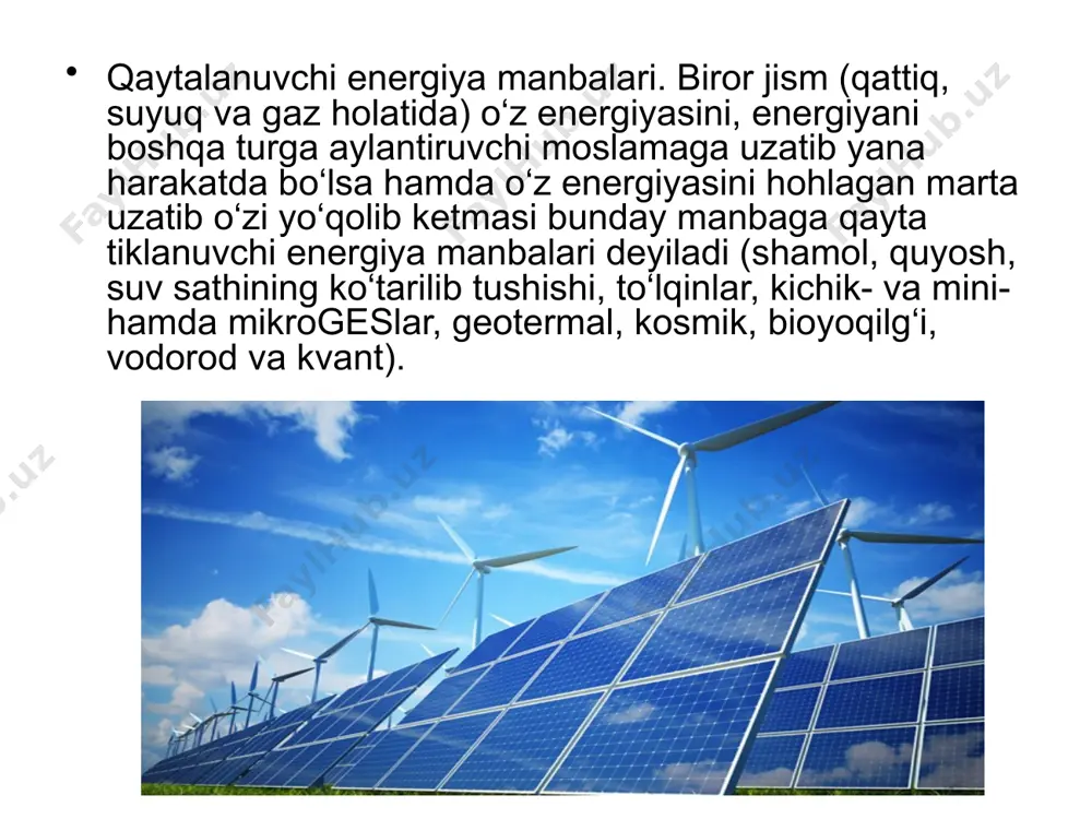oydalanib ham elektroenergiya ishlab chiqarish mumkin. buning uchun dengizning biror qo‘ltig‘i to‘g‘on bilan berkitiladi. suv sathi ko‘tarilganda, to‘g‘on tanasiga joylashtirilgan gidroagregatlardan suv qo‘ltiqqa o‘tadi va ma’lum miqdorda elektroenergiya ishlab chiqariladi. dengizdagi suv sathi tushganda qo‘ltiqdagi suv dengizga gidroagregatlardan o‘tkaziladi va yana ma’lum miqdorda elektroenergiya ishlab chiqariladi. shunday qilib sikl takrorlanayveradi. hozirgi kunda energiya iste’mol qiluvchi barcha sohalarning organik yoqilg‘ilardan foydalanishi tufayli atrof muhit ifloslanmoqda. natijada tabiatning flora va faunasida salbiy o‘zgarishlar yuz bermoqda. odamlar va hayvonot dunyosida har xil yangi turdagi kasalliklar paydo bo‘lmoqda. shuning uchun insoniyat oldida turgan jiddiy muammolardan biri, barcha turdagi energiya iste’mol qiluvchilarni toza ekologik energiya bilan ta’minlashdir. har qanday sohada birinchilar bo‘ladi. quyida 2009-2013 yillarda, qaytalanuvchi energiya manbalaridan foydalanib hozirgi kunda eng ko‘p energiya ishlab chiqaruvchi energetik ob’ektlarni ko‘rib chiqamiz. «roscoe wind farm» shamol energoqurilmalari parkigacha eng katta quvvat-li shamol energoqurilmalari parki «horse hollow wind energy center» hisoblangan. aqshning dallas shahridan 160 km uzoqlikdagi 190 …