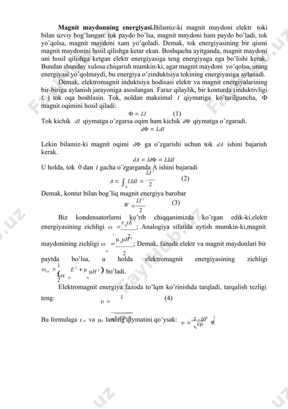 r  e 2 energiyasining zichligi   0 ; analogiya sifatida aytish mumkin-ki,magnit э 2  h 2 maydonining zichligi   0 ; demak, fazoda elektr va magnit maydonlari bir m 2 paytda bo’lsa, u holda elektromagnit energiyasining zichligi эм  1  2 e 2   h 2  bo’ladi. elektromagnit energiya fazoda to’lqin ko’rinishda tarqladi, tarqalish tezligi0 0 teng: с   1 (4) bu formulaga  0 va 00  0 larning qiymatini qo’ysak:   3 108 м vakuum uchun     1 bo’lgani uchun elektromagnit to’lqining vakuumdagi tezligi   с  300000 км сек ga teng bo’ladi. magnetiklar. diamagnetiklar, paramagnetiklar va ferromagnetiklar. tajriba va nazariya shuni ko’rsatadi-ki agar jismni tashqi magnit maydoniga joylashtirilsa bu jism magnit xossalariga ega bo’lib qolar ekan. bunda ba’zi jismlar tashqi maydonni susaytirar ekanlar, boshqalari kuchaytirar ekanlar. susaytirdiganlari diamagnit, kuchaytiradiganlari paramagnitlar deb ataladi. agar kuchaytirishi …
