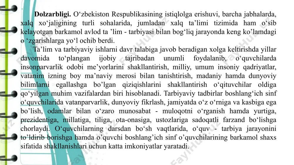 di. tarbiya maqsadi umumiy va individual xarakter kasb etadi. tarbiya jarayoni quyidagi qonuniyatlar asosida kechadi: tarbiyaning obyektiv va subyektiv omillarga bogʻliqligi; tarbiyaning shaxs rivojlanishi bilan birligi va oʻzaro aloqadorligi; faoliyat va munosabat shaxsning ijtimoiy ahamiyatli fazilatlarni shakllantirishning negizi va asosiy manbai ekanligi; tarbiyalanuvchilarning oʻzaro tarbiyaviy ta’siri, oʻzaro munosabatlari hamda faol faoliyati oʻrtasidagi bogʻlanishning mavjudligi. tarbiya mazmuni – shaxsning shakllanishiga qoʻyiladigan ijtimoiy talablar mohiyatidan iborat boʻlib, ijtimoiy-iqtisodiy taraqqiyot, kishilik munosabatlari mohiyati va darajasi, jamiyat mafkurasi gʻoyalari asosda belgilanadi. tarbiyaning shaxs kamolotiga ta’siri quyidagilarda koʻrinadi: 1) tarbiya ta’sirida muhit bera olmagan bilim, ma’lumot egallanadi, mehnat va texnik faoliyat bilan bogʻliq koʻnikma, malakalar hosil boʻladi; 2) tarbiya tufayli tugʻma kamchiliklar ham oʻzgartirilib, shaxs kamolga yetadi; 3) tarbiya yordamida muhitning salbiy ta’sirini ham yoʻqotish mumkin; 4) tarbiya kelajakka qaratilgan maqsadni belgilaydi. 1.2. tarbiya jarayonini tashkil etish shakllari. tarbiyaning maqsadi ijtimoiy jamiyat taraqqiyoti, rivojlanishi, yoʻnalishi, ijtimoiy munosabatlar mazmunidan kelib chiqib belgilanadi. bugungi kunda oʻzbekiston respublikasida …